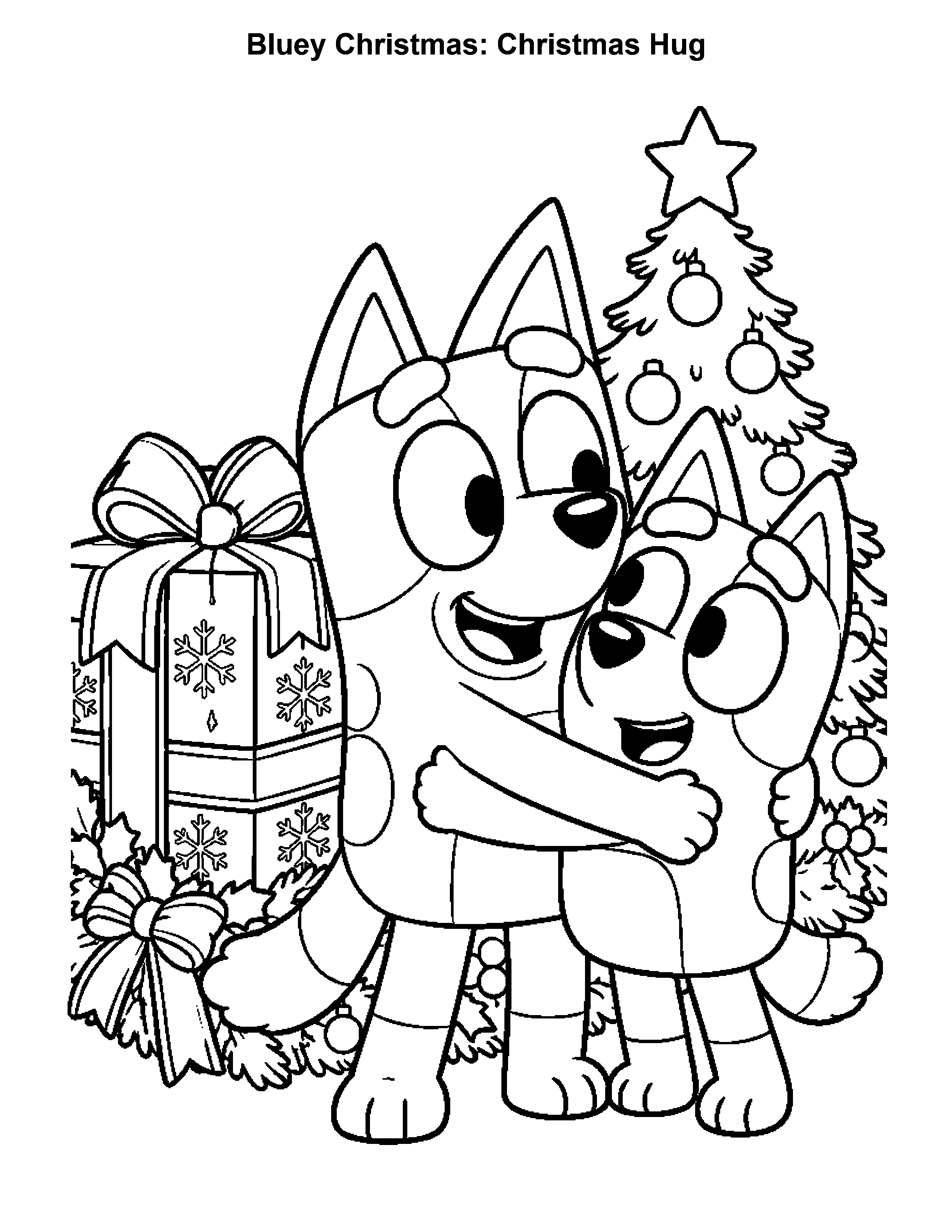 Bluey Christmas Christmas Hug, black-and-white printable coloring page