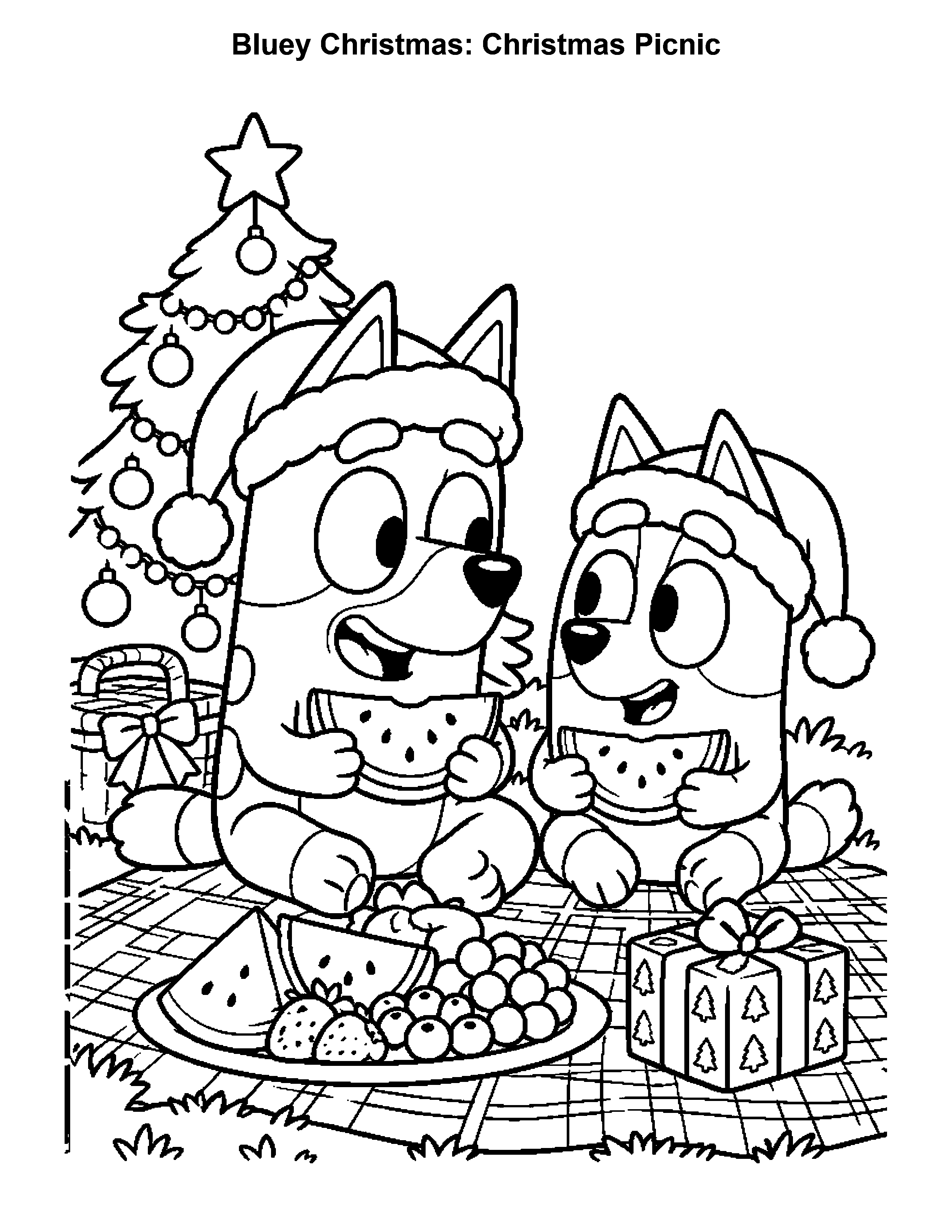 Bluey Christmas Christmas Picnic, black-and-white printable coloring page