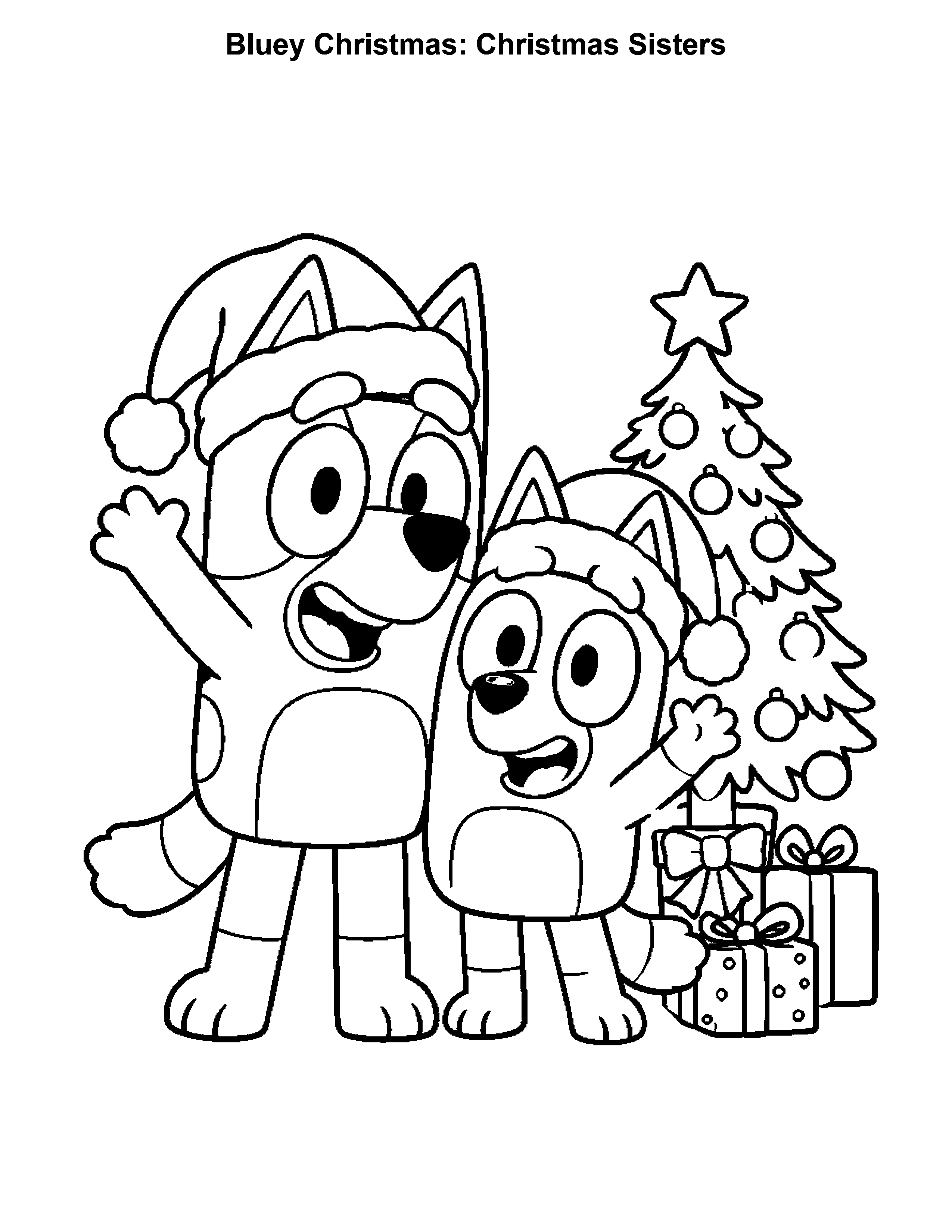 Bluey Christmas Christmas Sisters, black-and-white printable coloring page