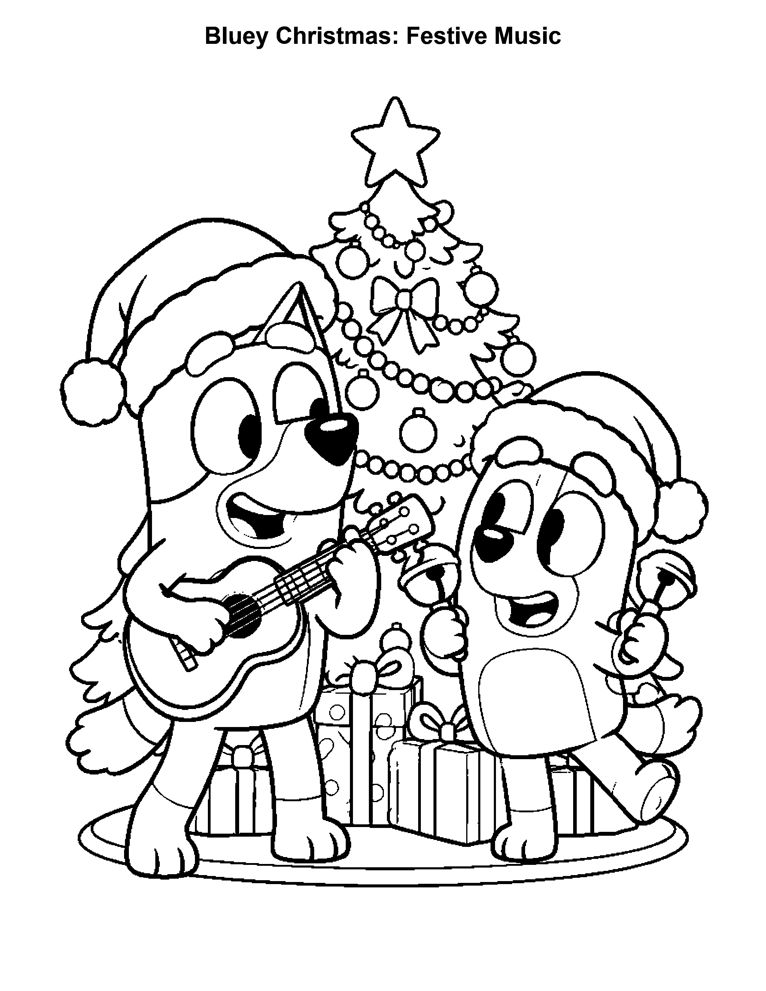 Bluey Christmas Festive Music, black-and-white printable coloring page