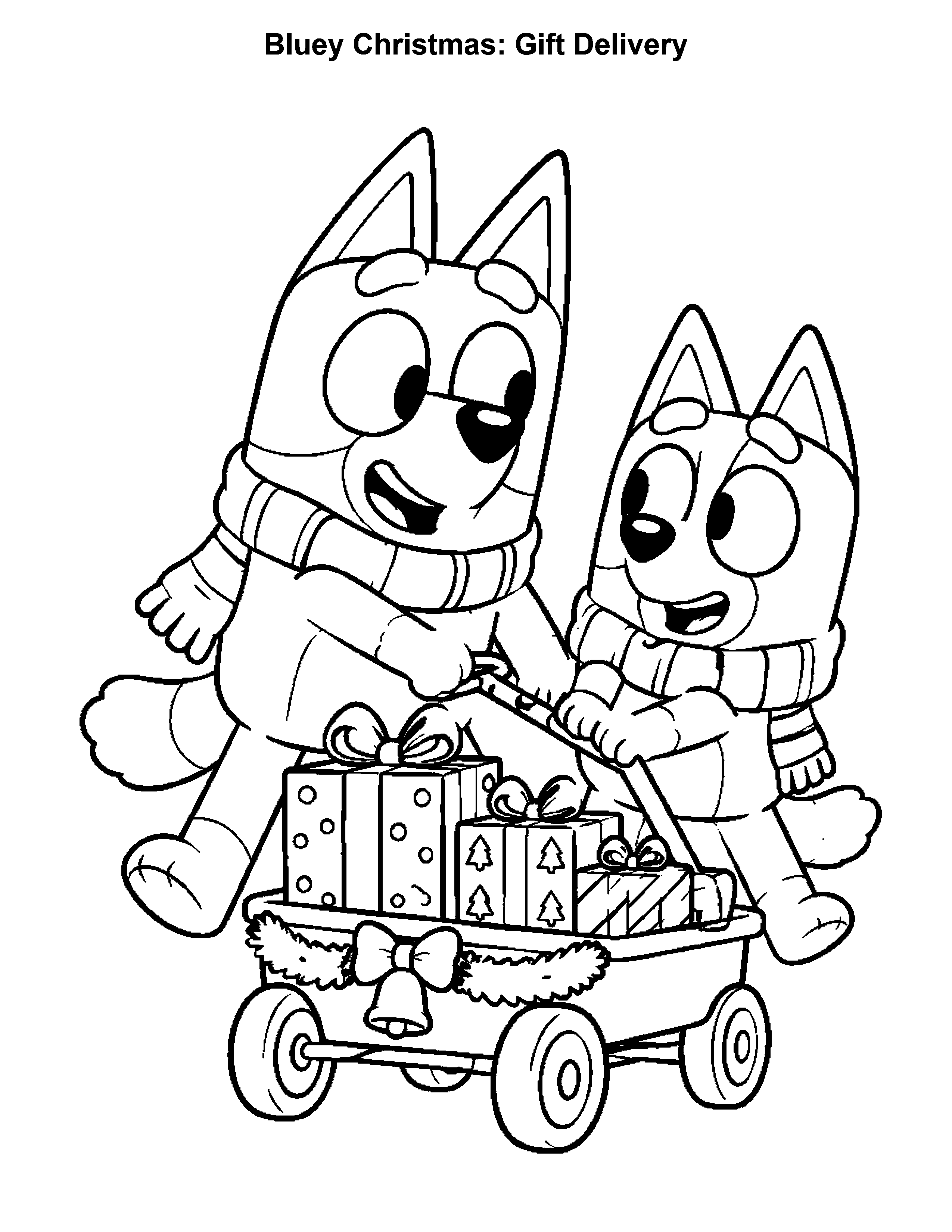 Bluey Christmas Gift Delivery, black-and-white printable coloring page