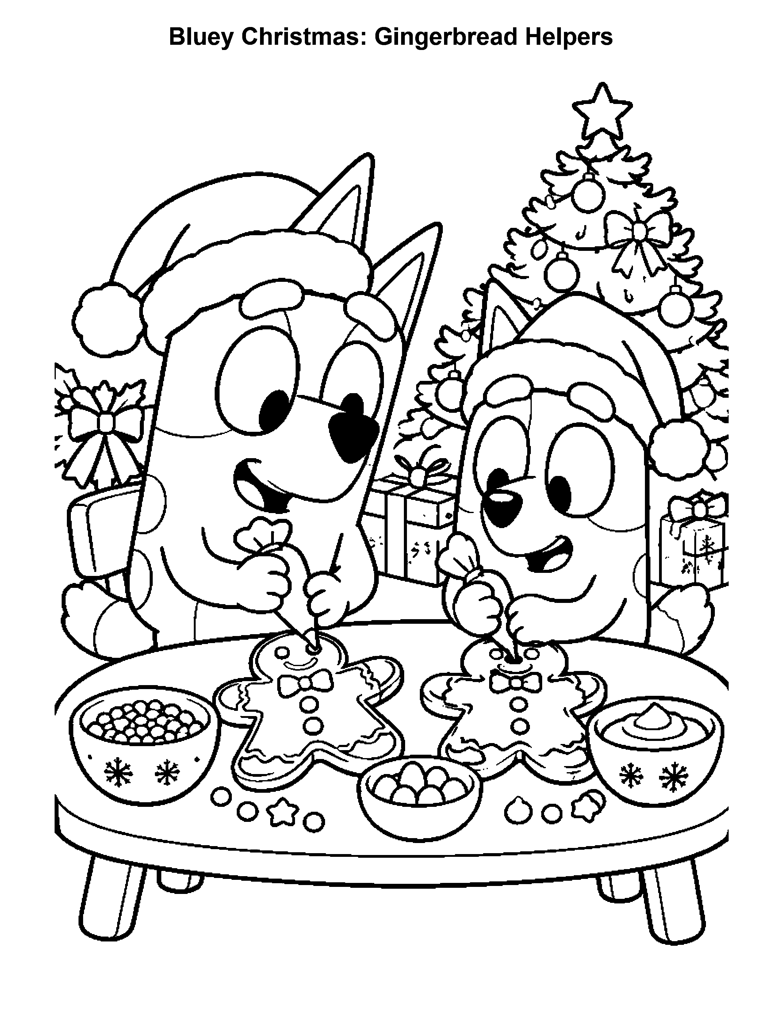 Bluey Christmas Gingerbread Helpers, black-and-white printable coloring page
