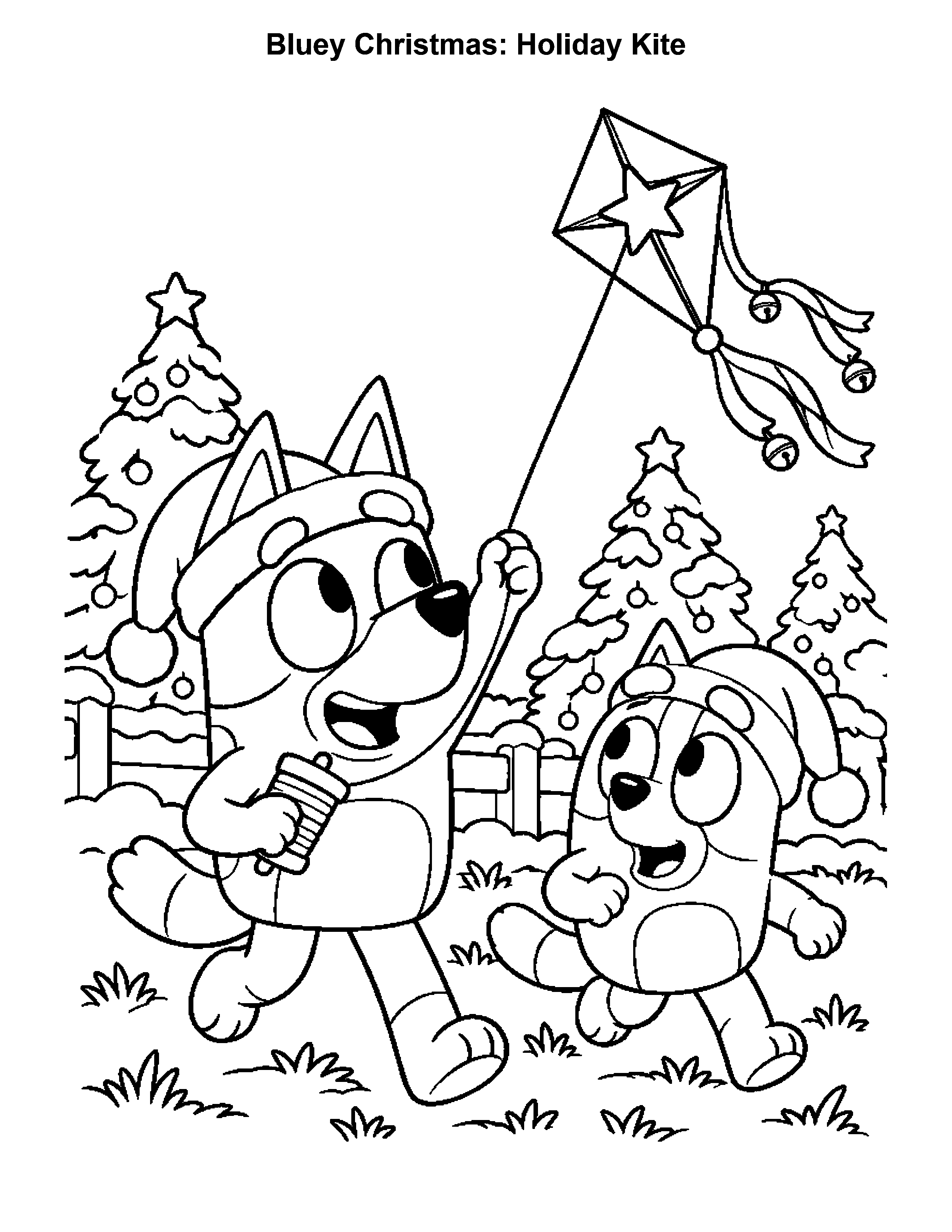 Bluey Christmas Holiday Kite, black-and-white printable coloring page