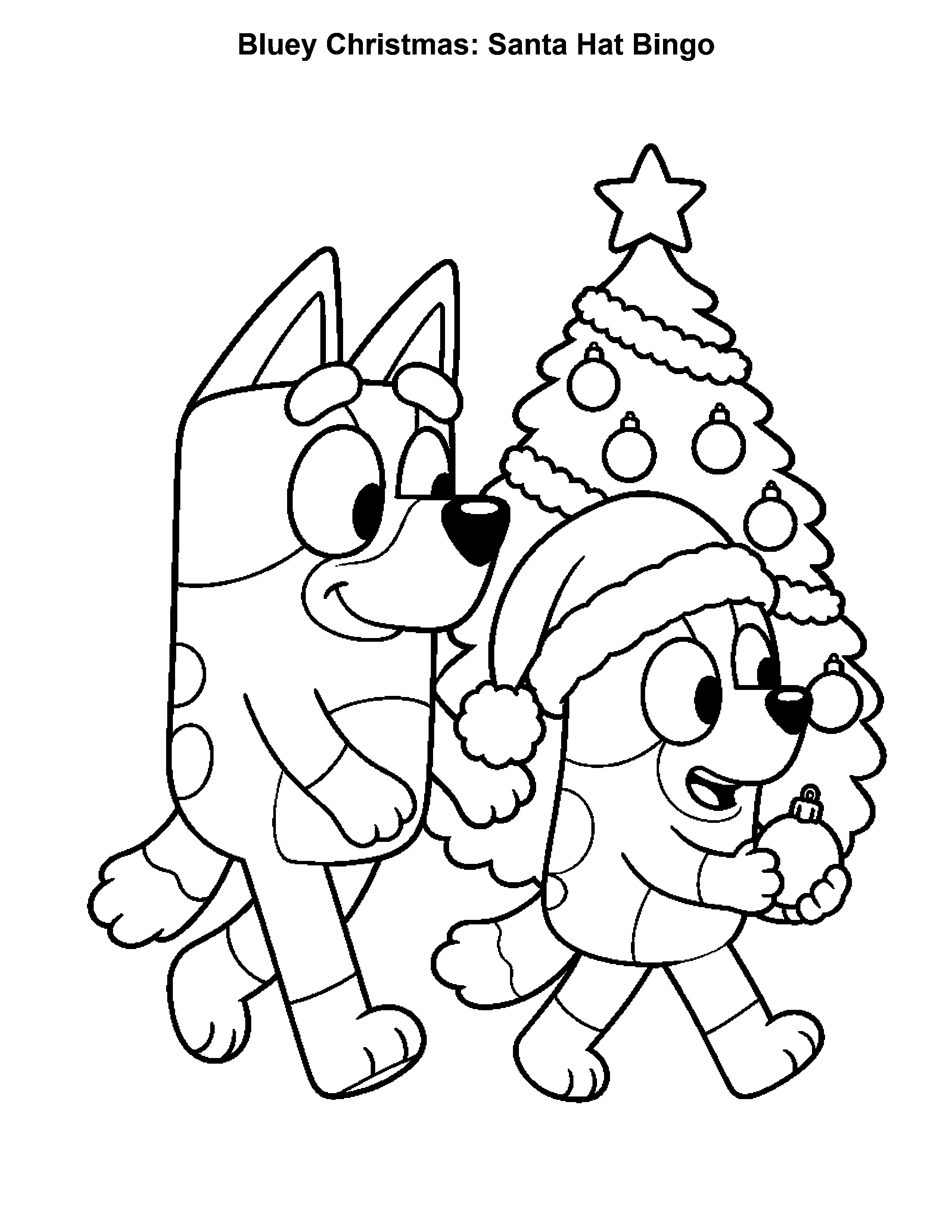 Bluey Christmas Santa Hat Bingo, black-and-white printable coloring page