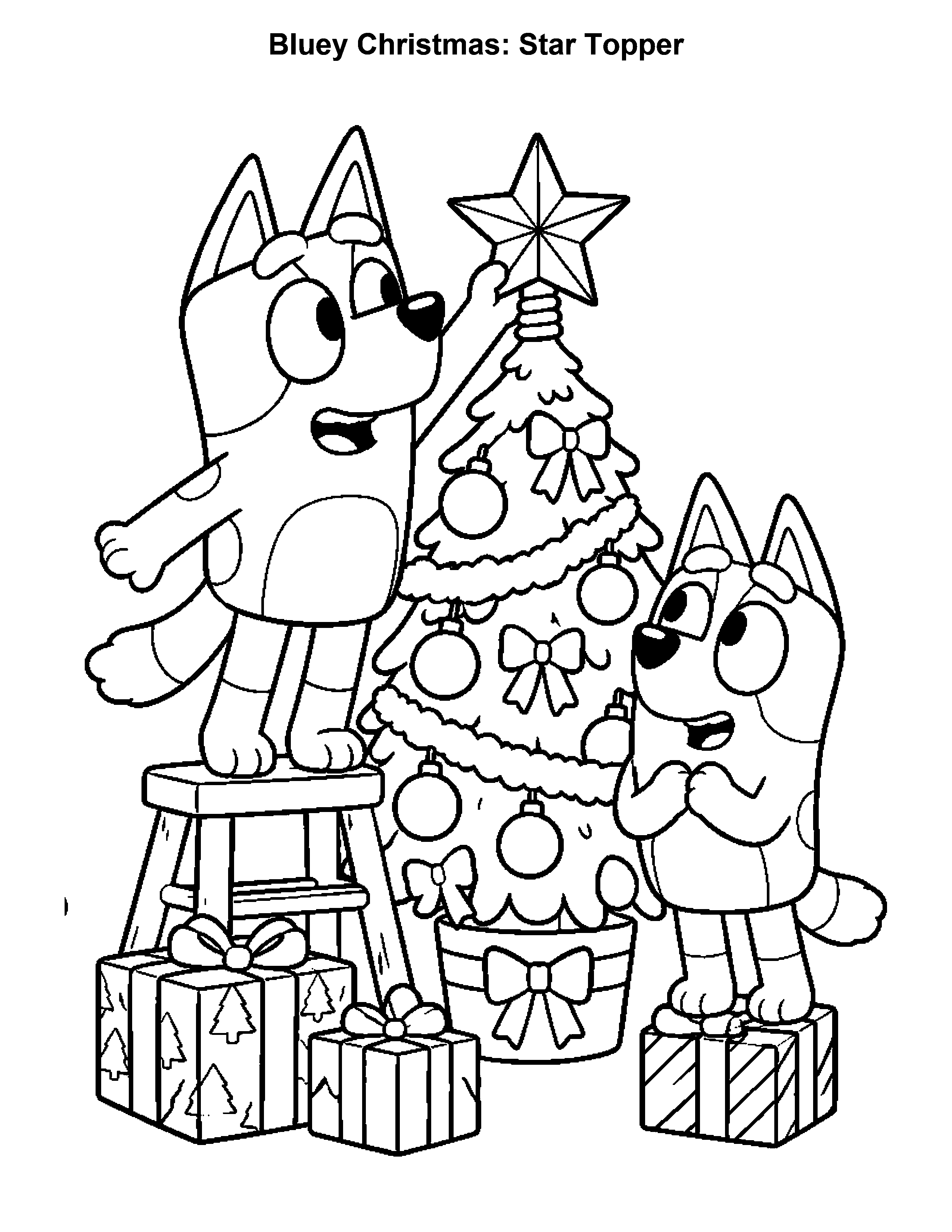 Bluey Christmas Star Topper, black-and-white printable coloring page