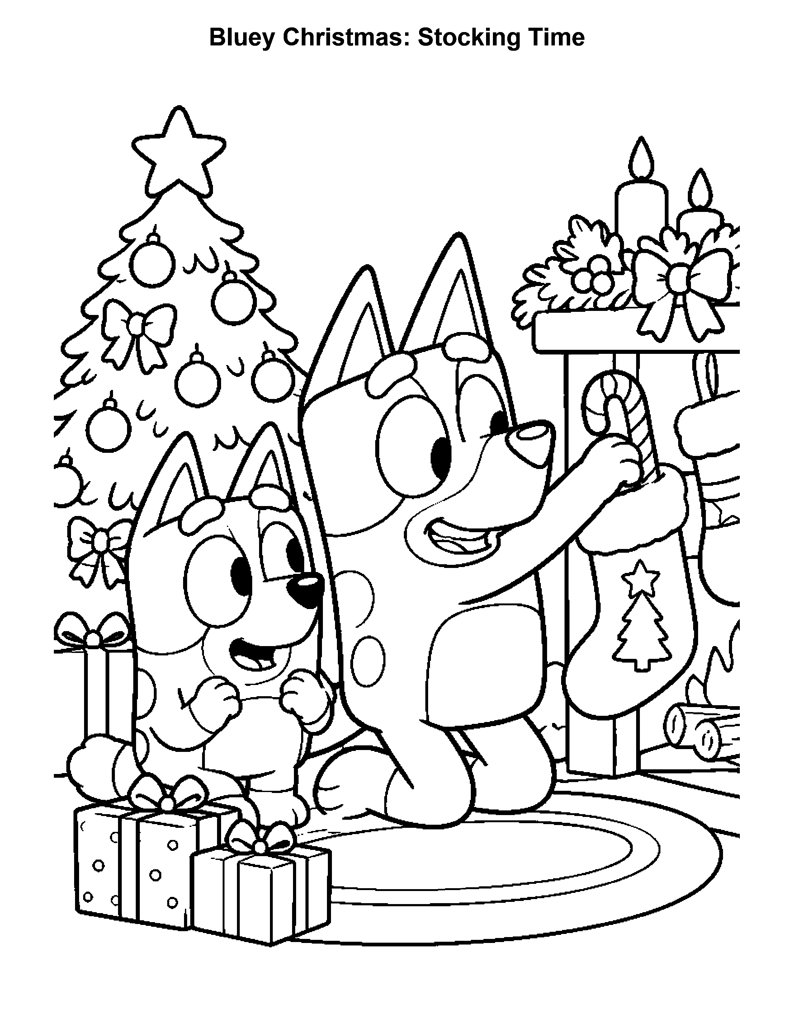 Bluey Christmas Stocking Time, black-and-white printable coloring page