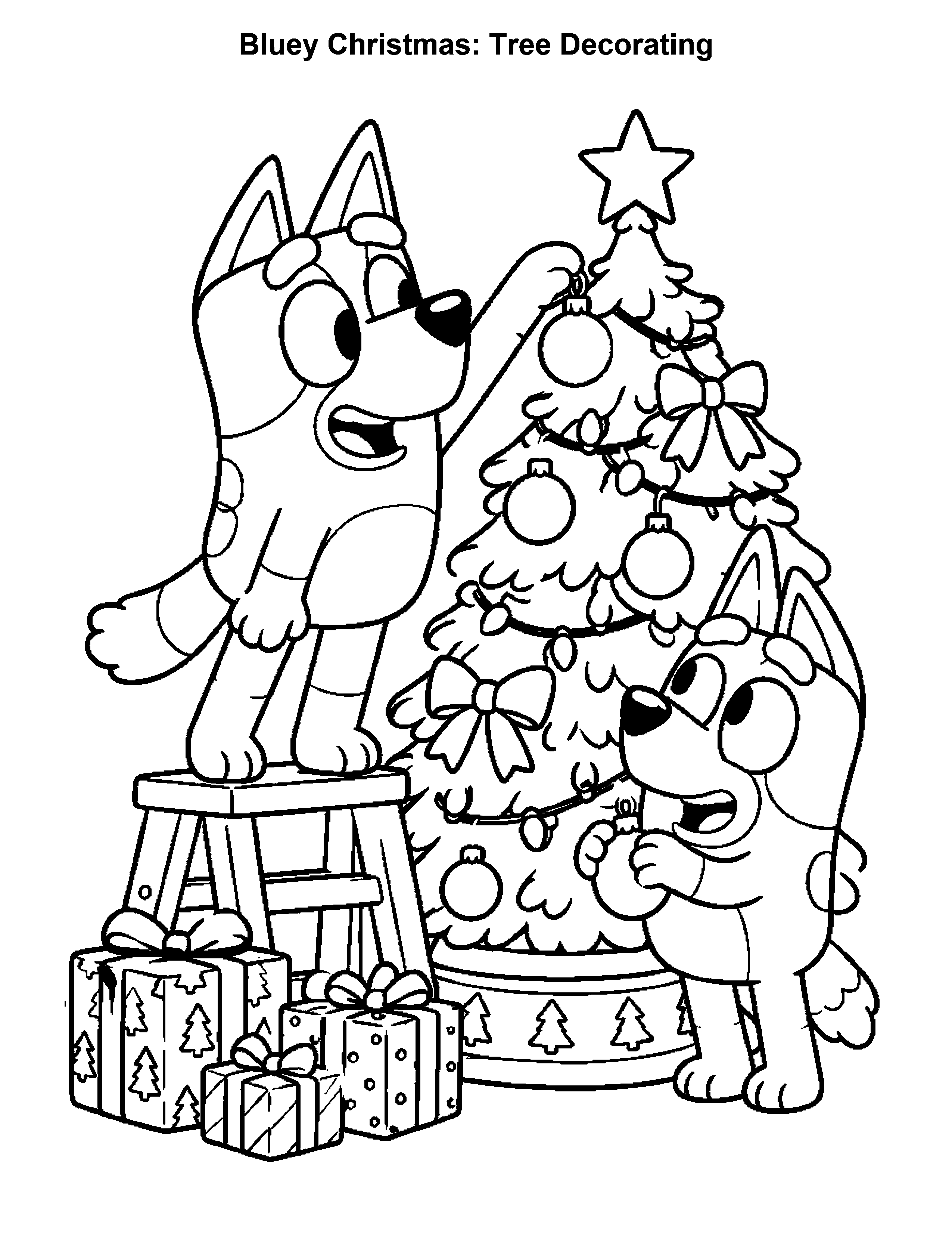 Bluey Christmas Tree Decorating, black-and-white printable coloring page
