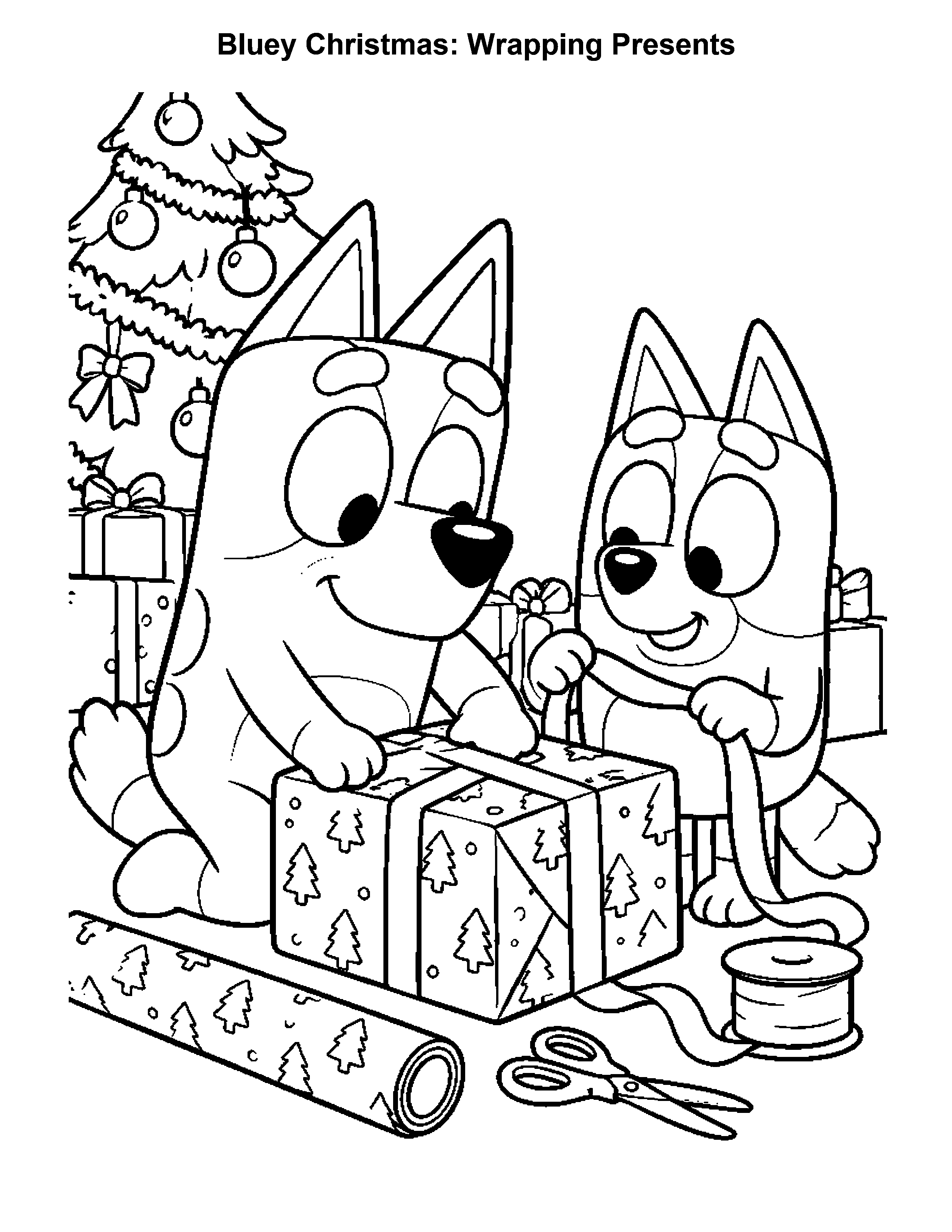 Bluey Christmas Wrapping Presents, black-and-white printable coloring page