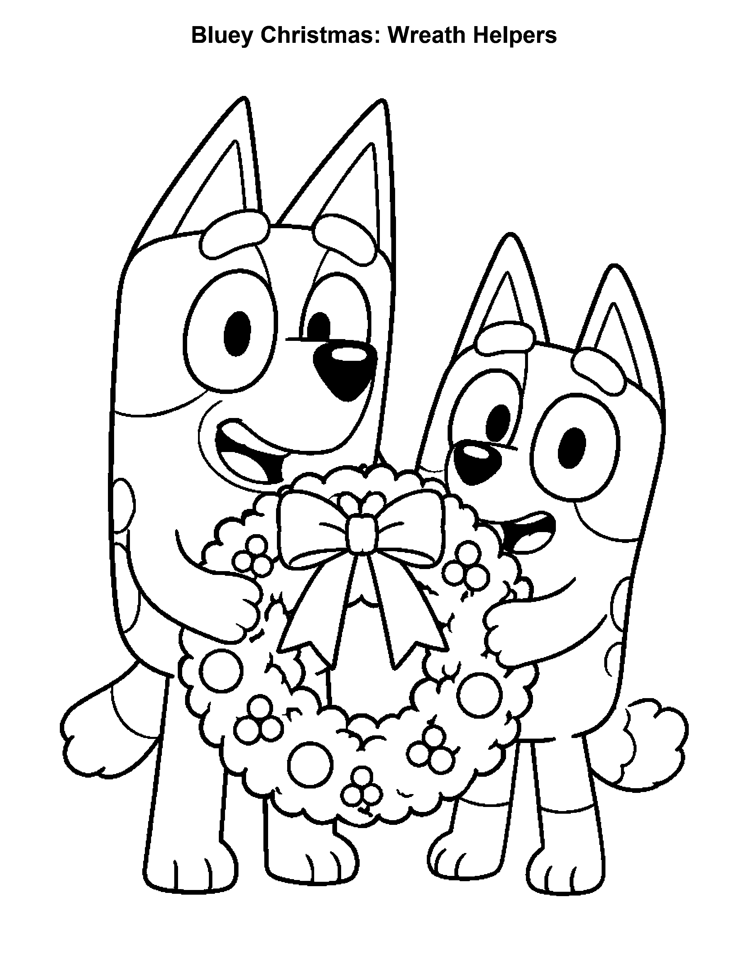 Bluey Christmas Wreath Helpers, black-and-white printable coloring page