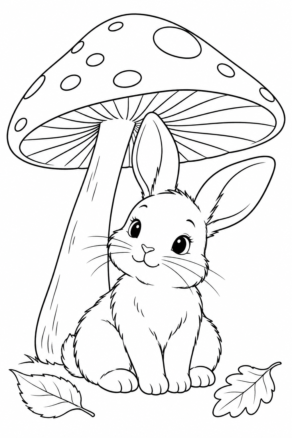 Bunny and Mushroom coloring page in black and white