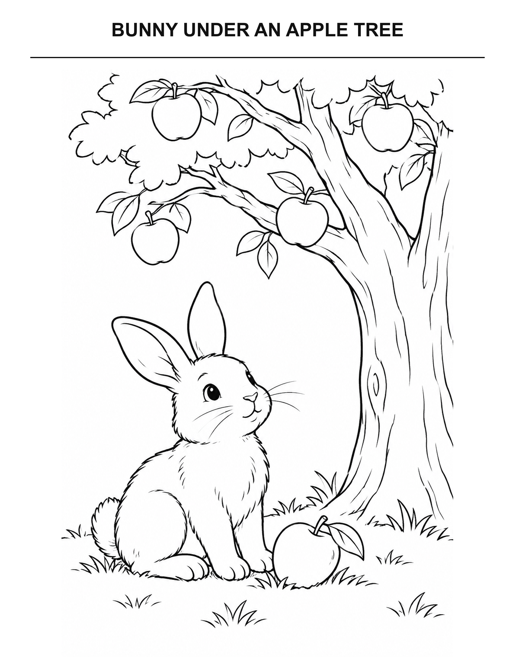 Bunny under an Apple Tree coloring page for printing