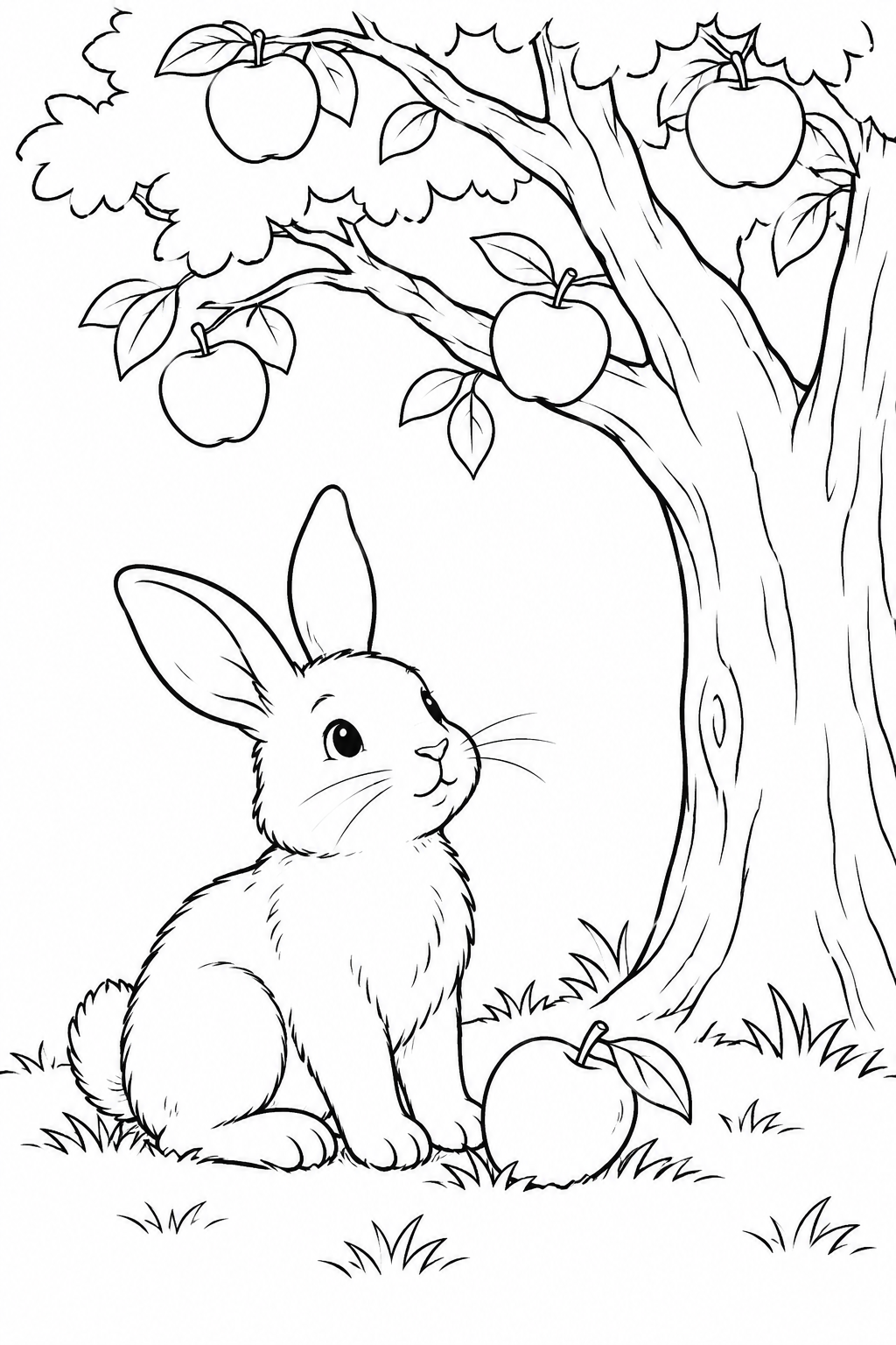 Bunny under an Apple Tree coloring page in black and white