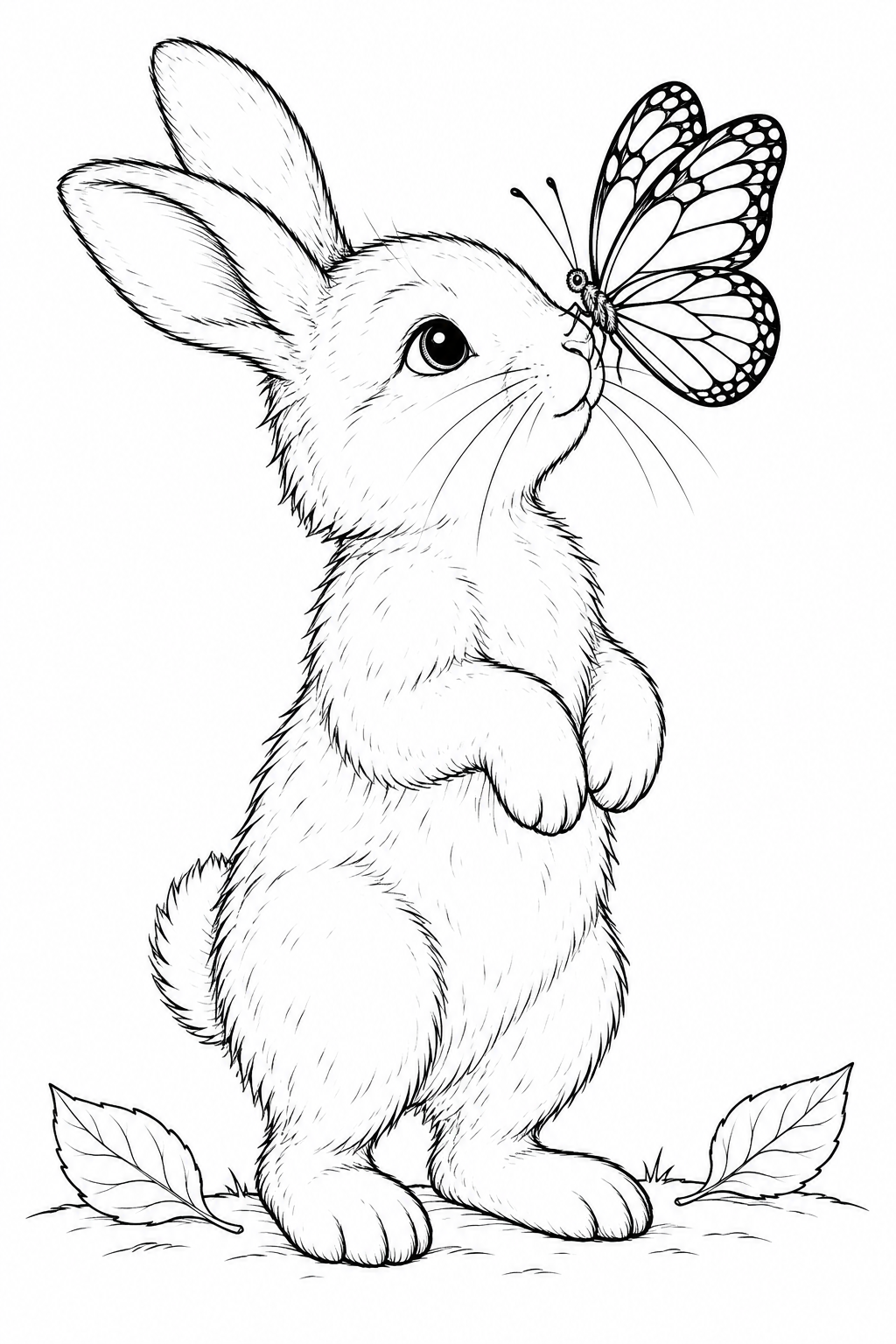 Bunny and Butterfly coloring page in black and white