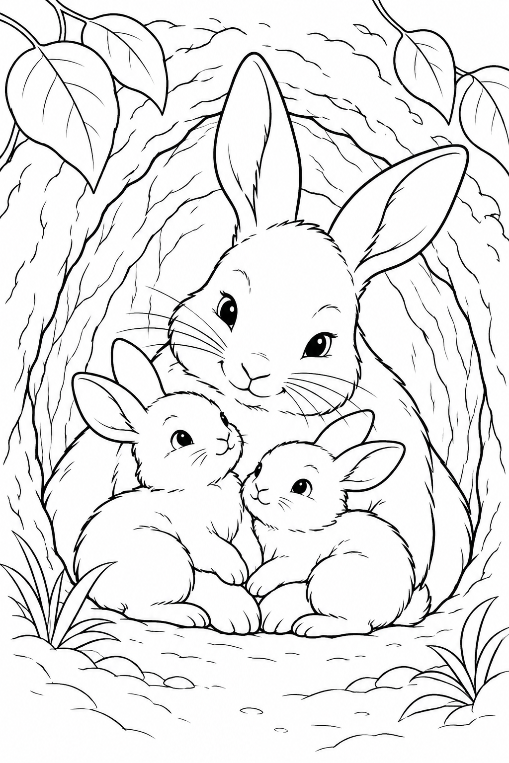 Bunny Family coloring page in black and white