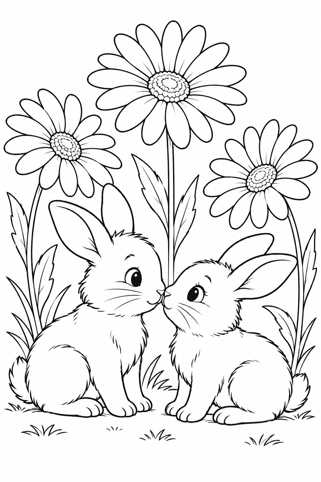 Bunny Friends coloring page in black and white