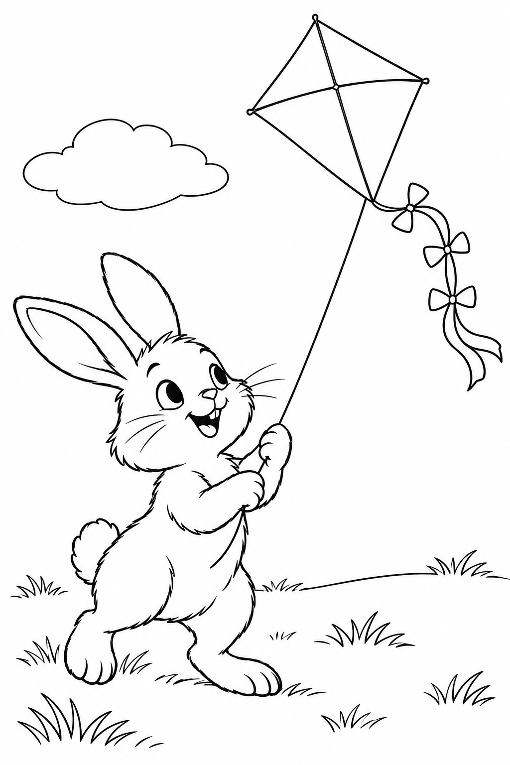 Bunny Flying a Kite coloring page in black and white