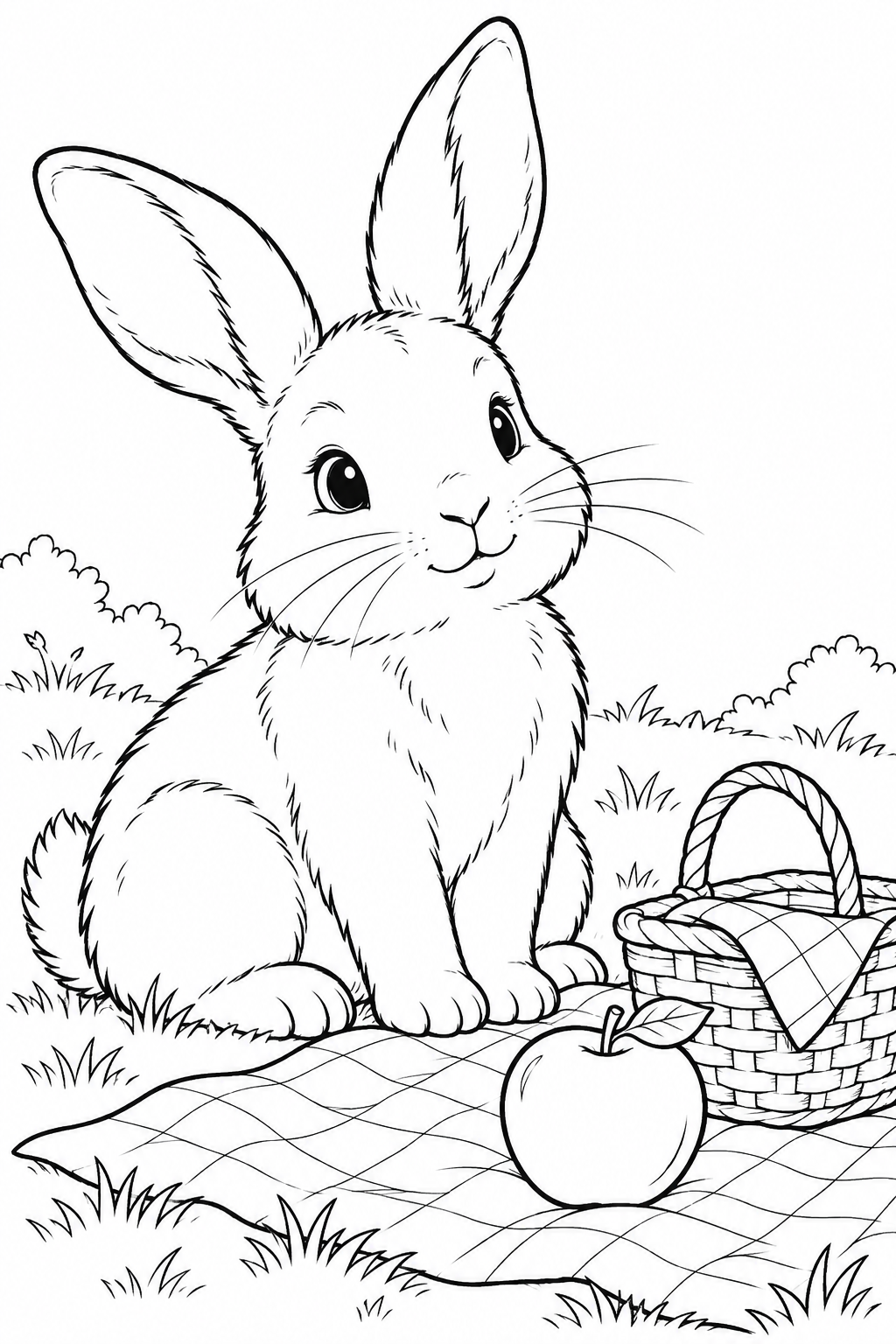Bunny Picnic coloring page in black and white