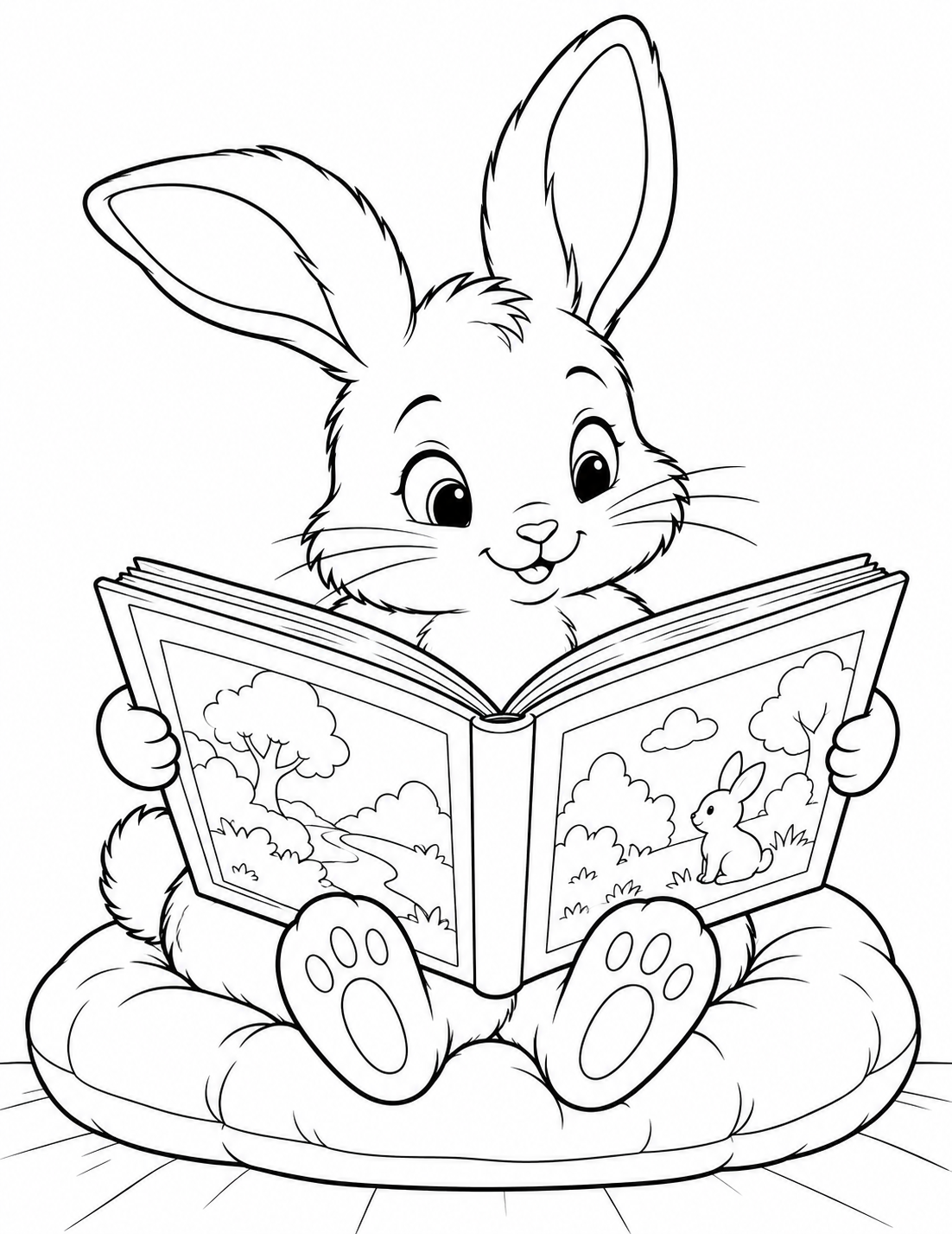Bunny Reading a Book coloring page in black and white