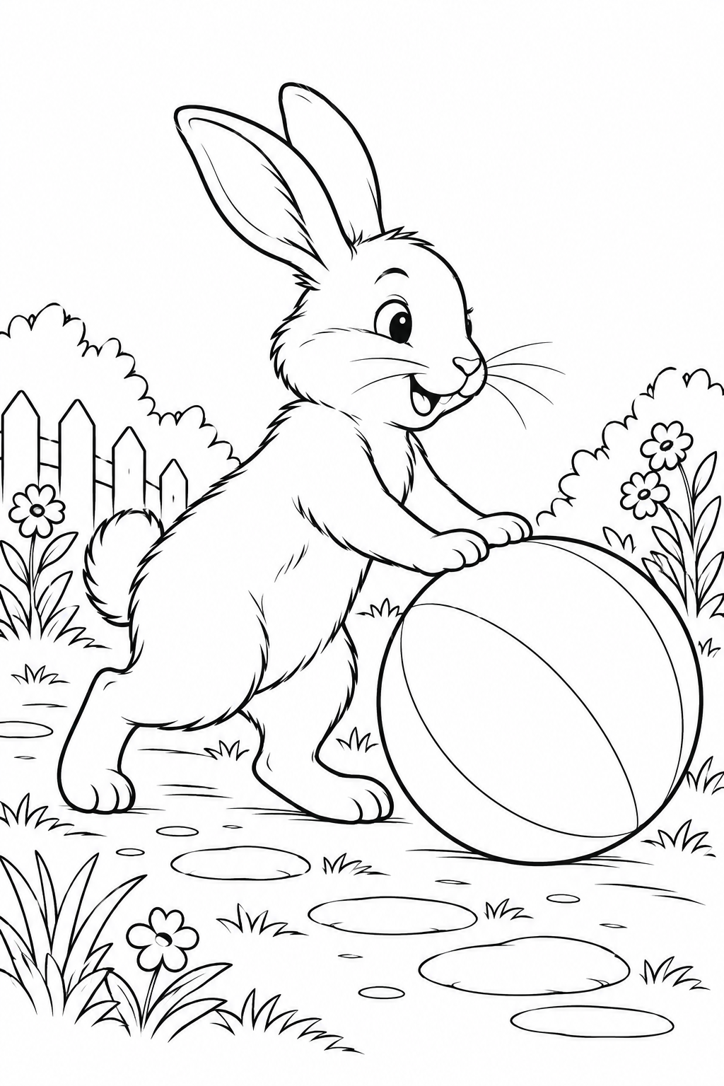 Bunny with a Ball coloring page in black and white