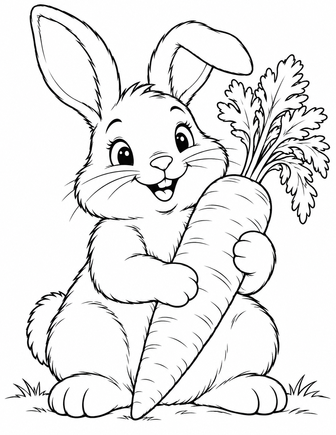 Bunny with a Carrot coloring page in black and white