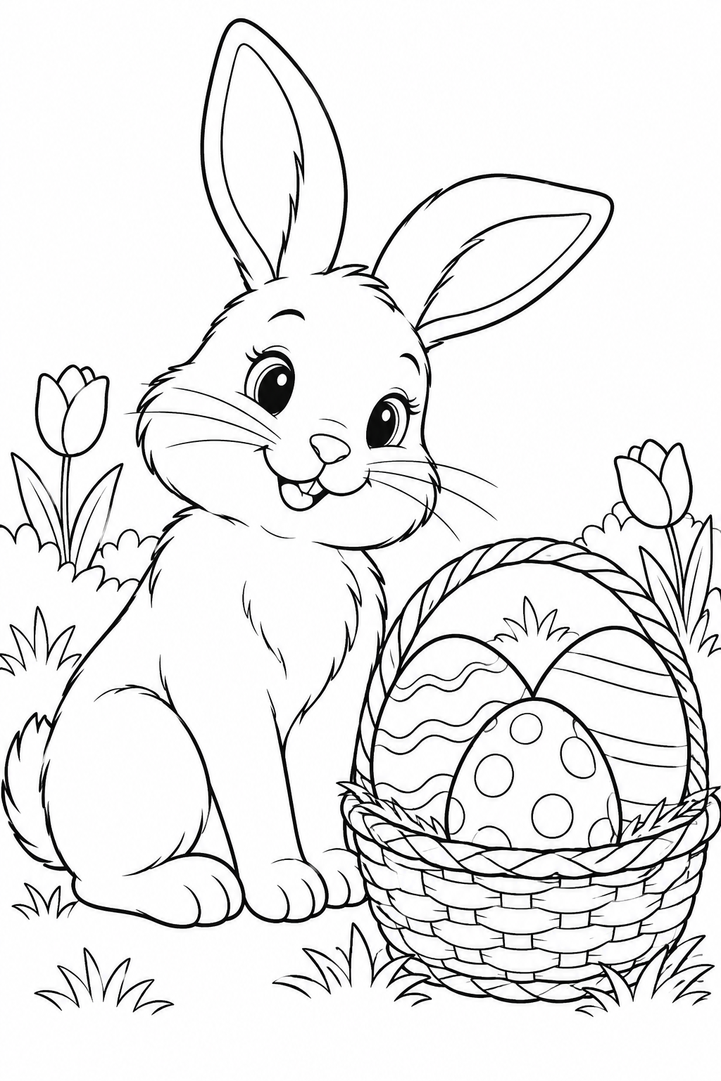 Easter Bunny and Egg Basket coloring page in black and white
