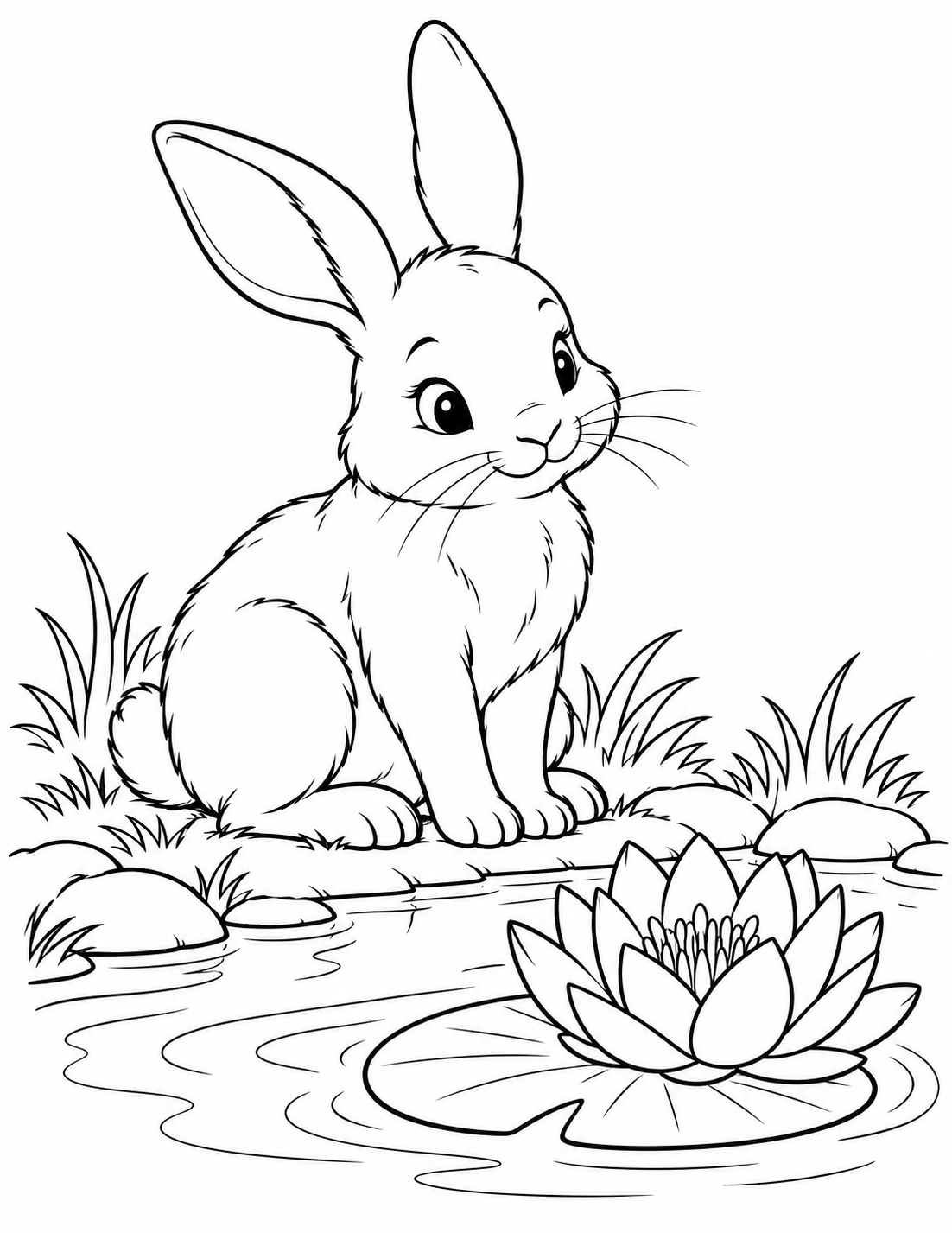 Bunny by the Pond coloring page in black and white