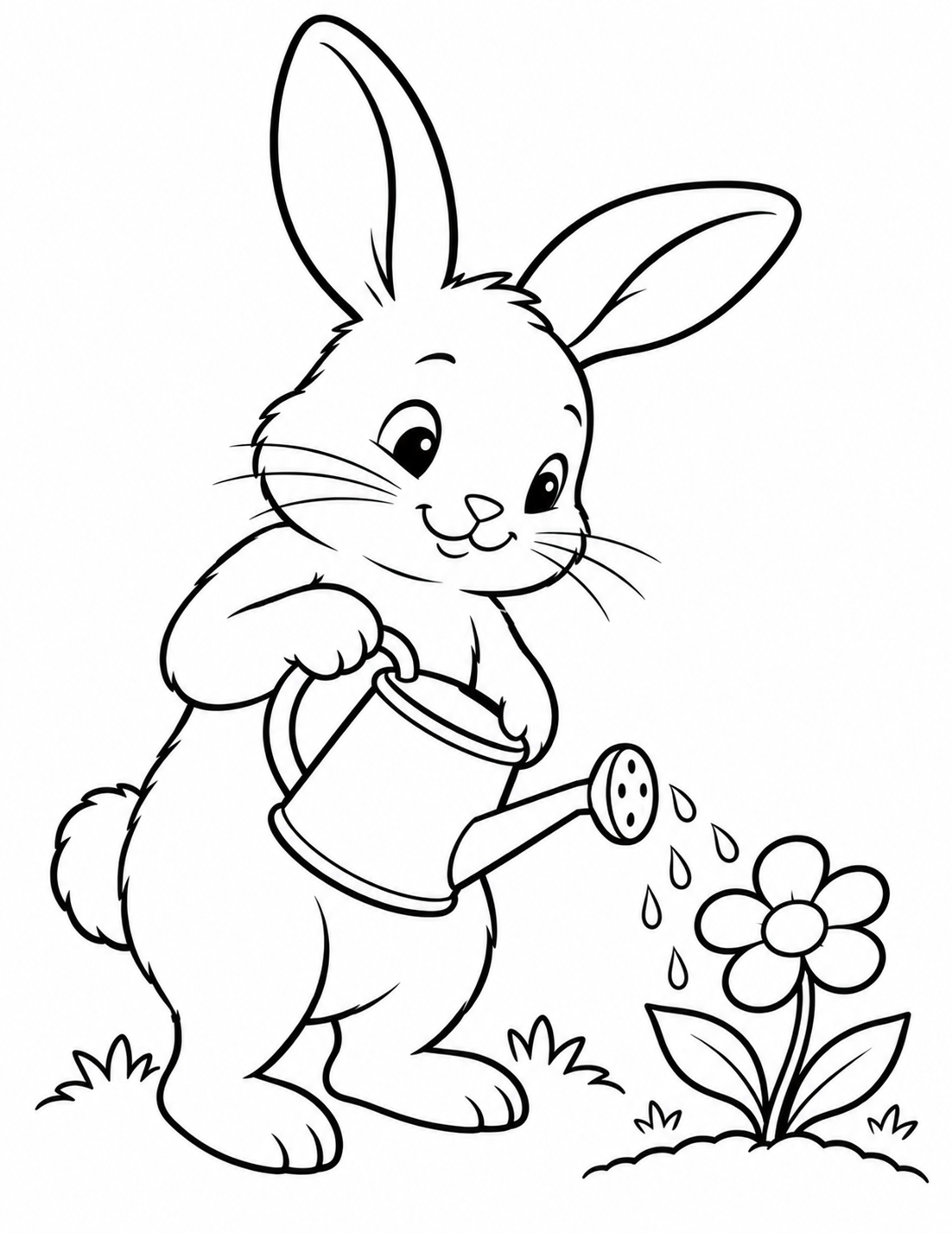 Bunny Watering a Flower coloring page in black and white