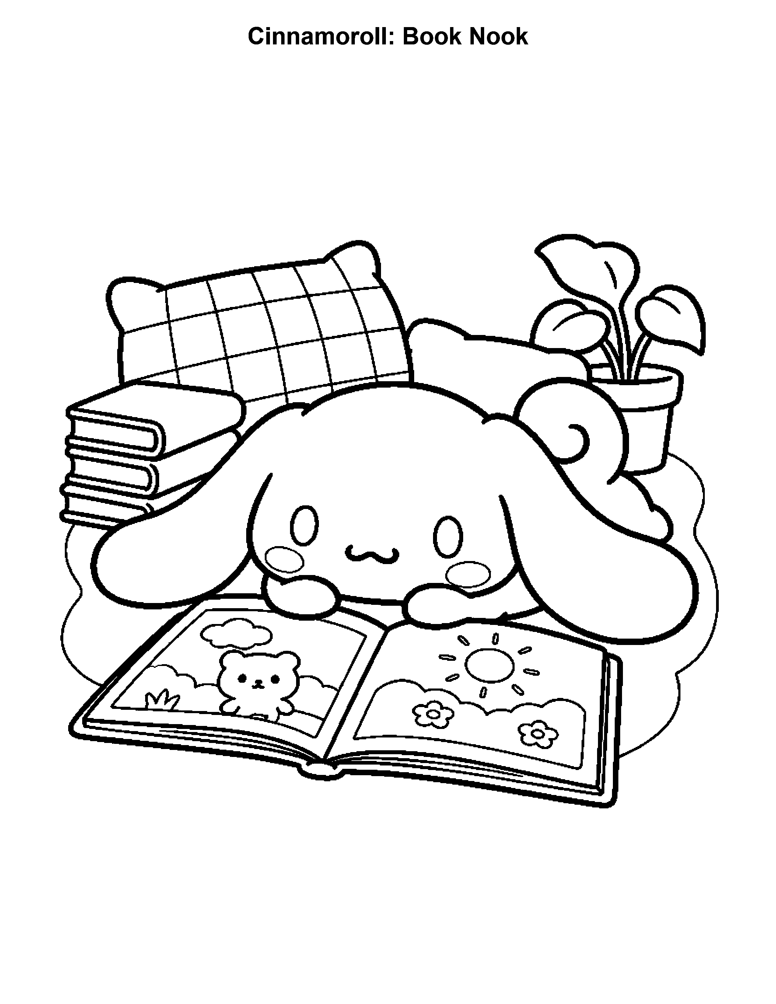 Cinnamoroll Book Nook, black-and-white printable coloring page