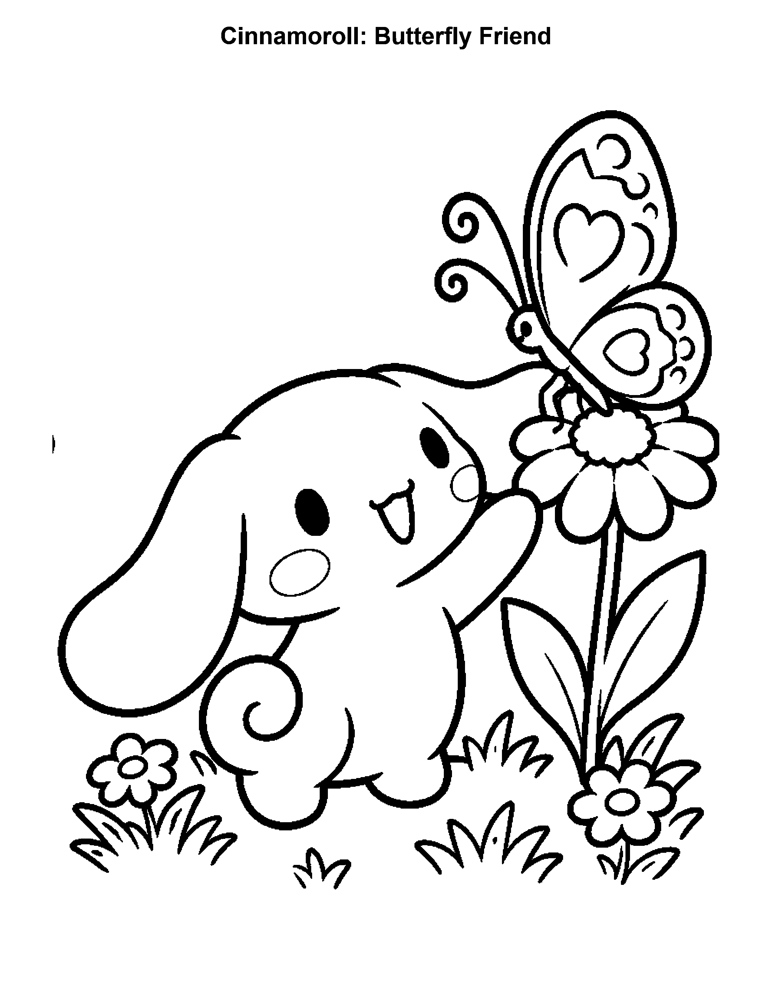 Cinnamoroll Butterfly Friend, black-and-white printable coloring page