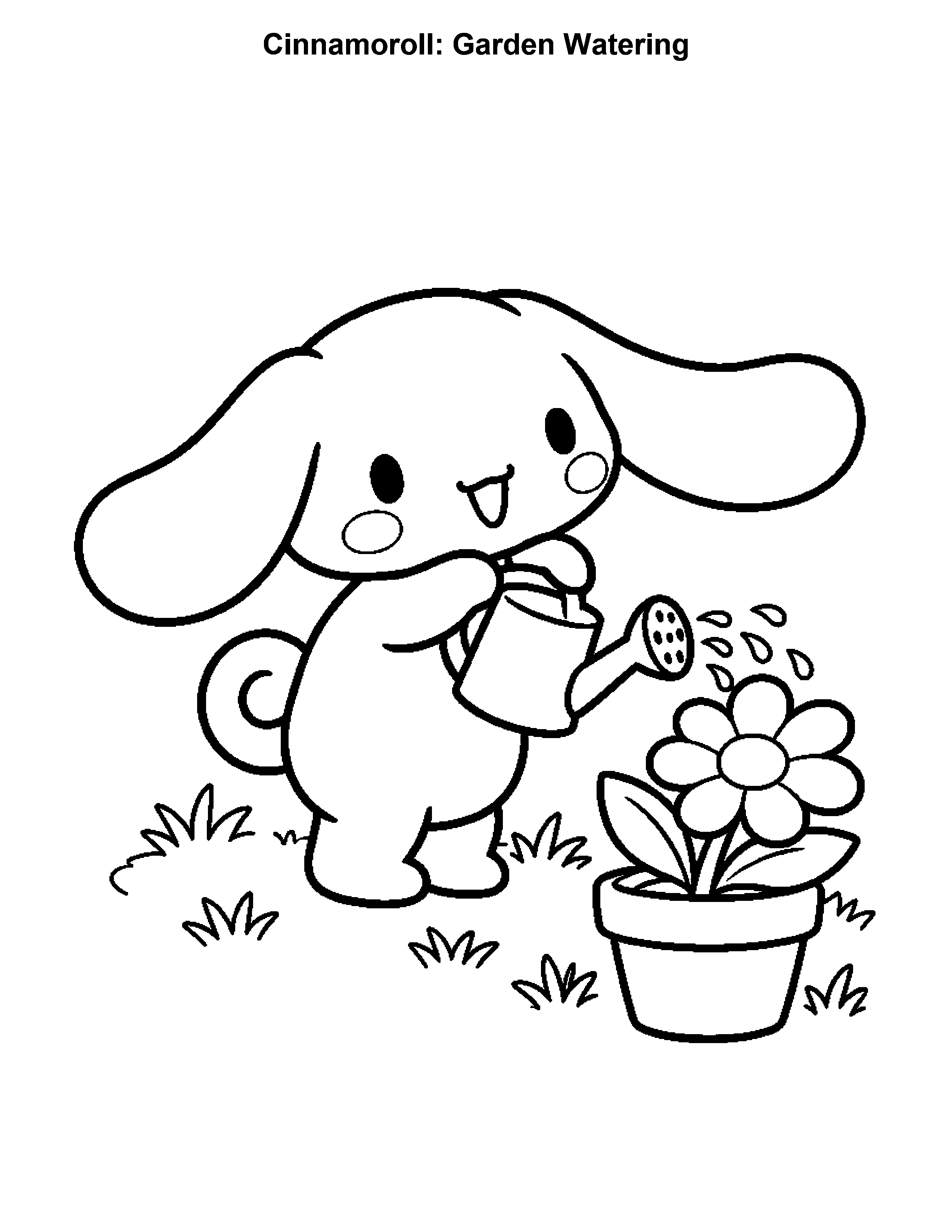 Cinnamoroll Garden Watering, black-and-white printable coloring page