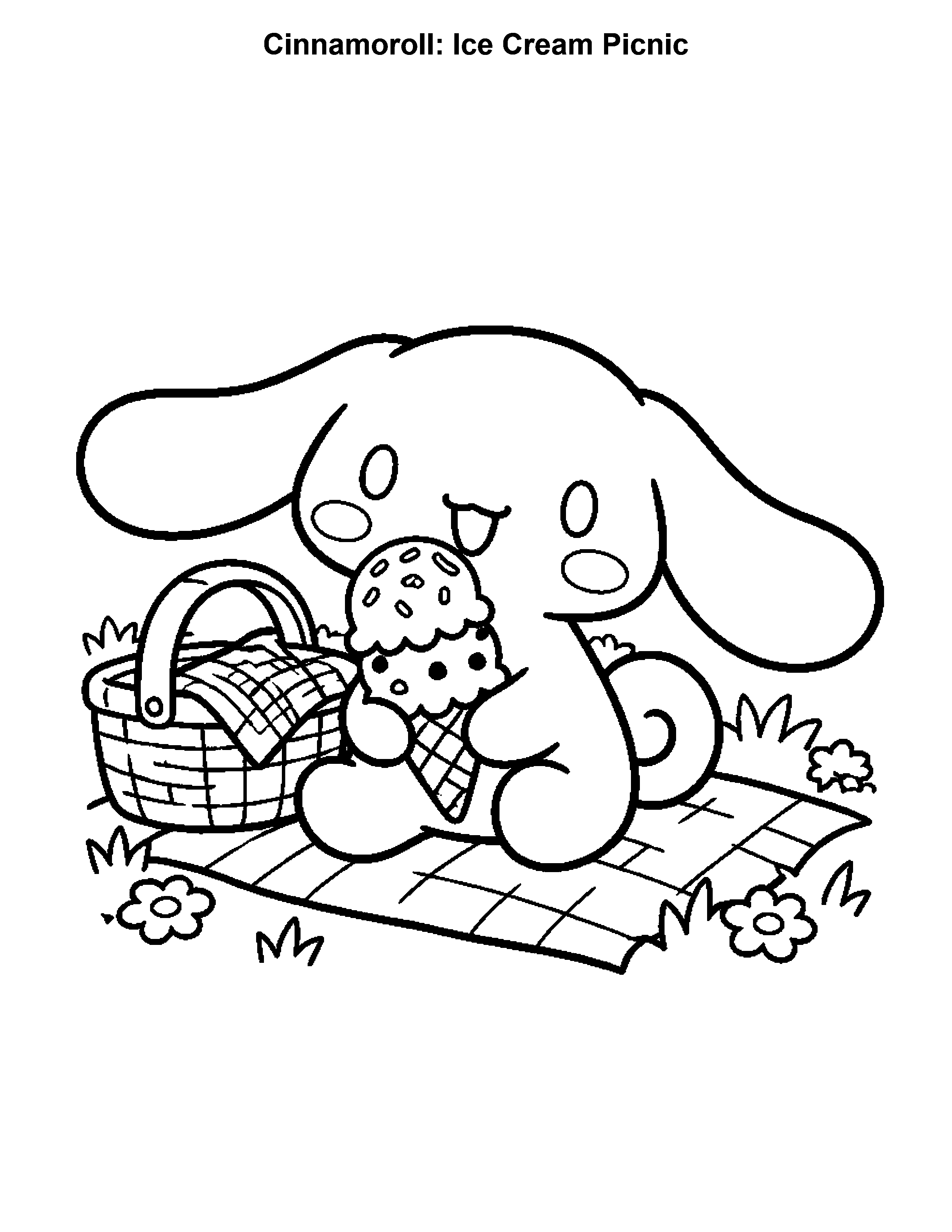 Cinnamoroll Ice Cream Picnic, black-and-white printable coloring page
