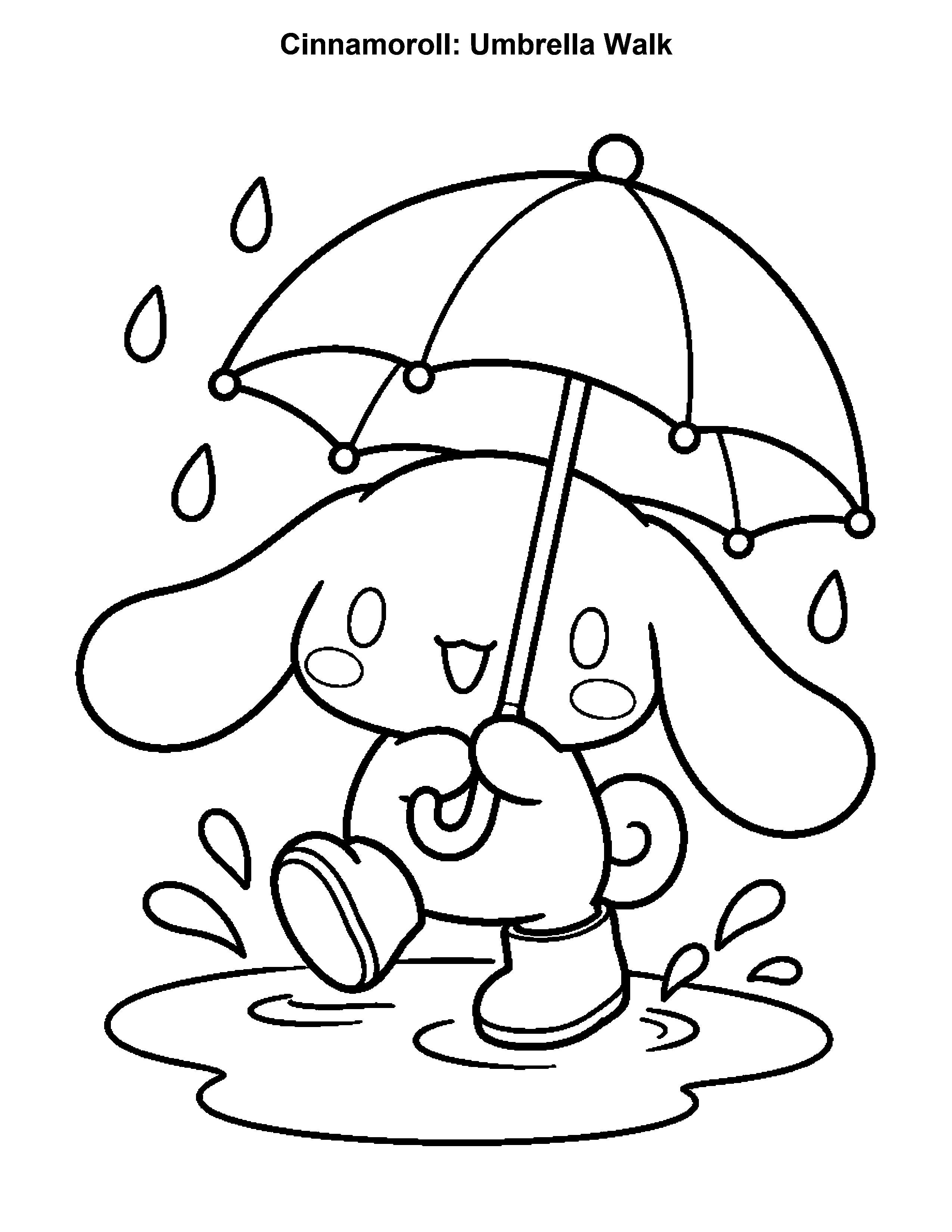 Cinnamoroll Umbrella Walk, black-and-white printable coloring page