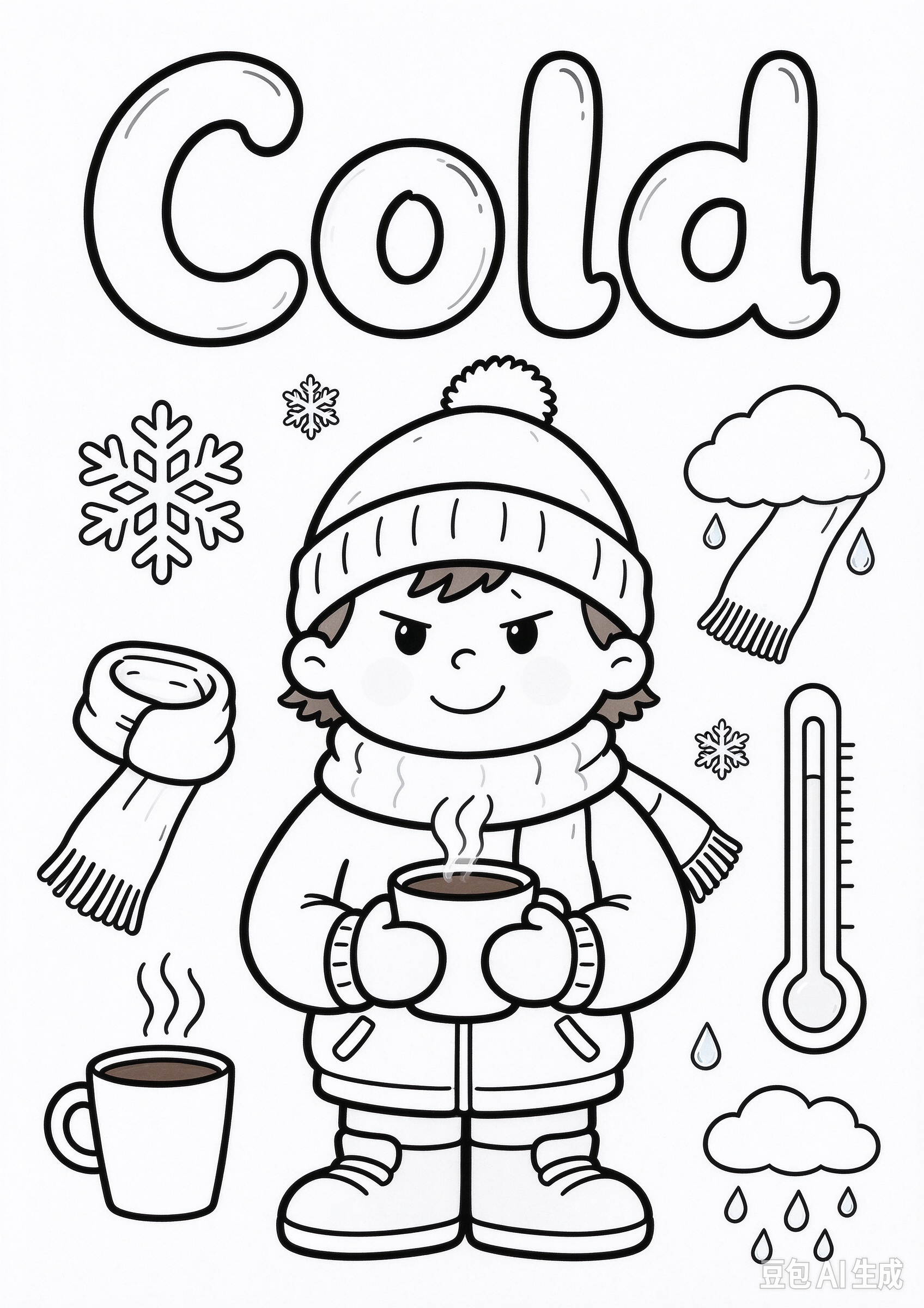 A child in a winter coat, scarf, mittens, and boots holds a warm drink beside snowflakes and a thermometer.
