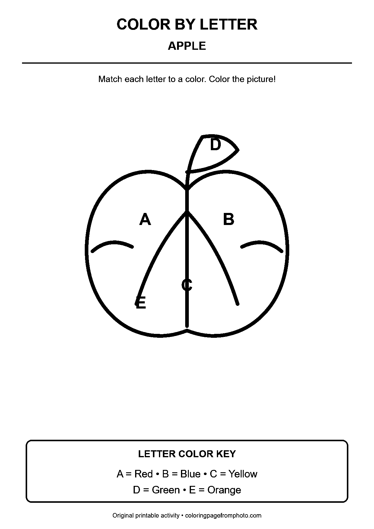 Apple color-by-letter worksheet with 5 letter-coded coloring areas