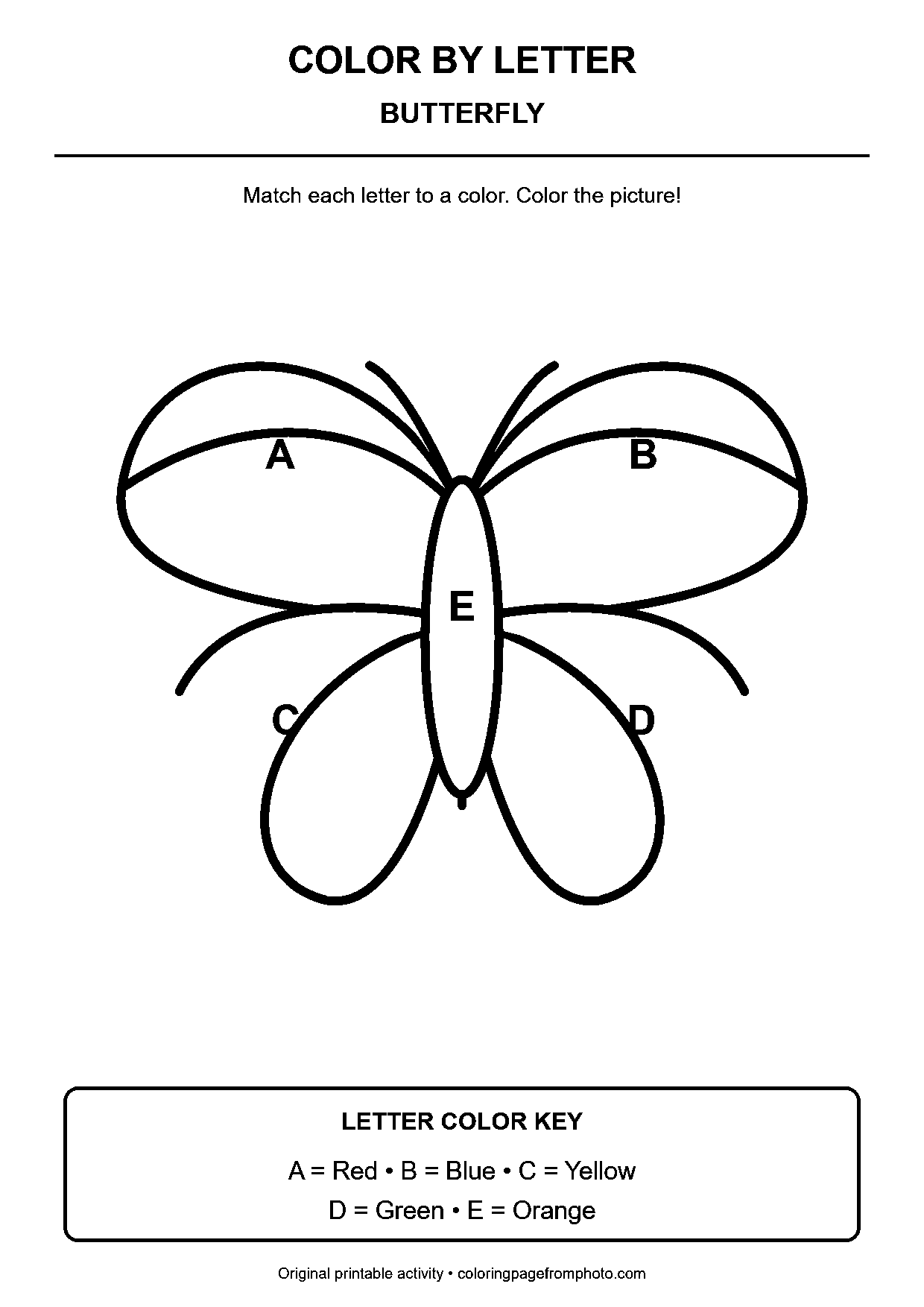 Butterfly color-by-letter worksheet with 5 letter-coded coloring areas