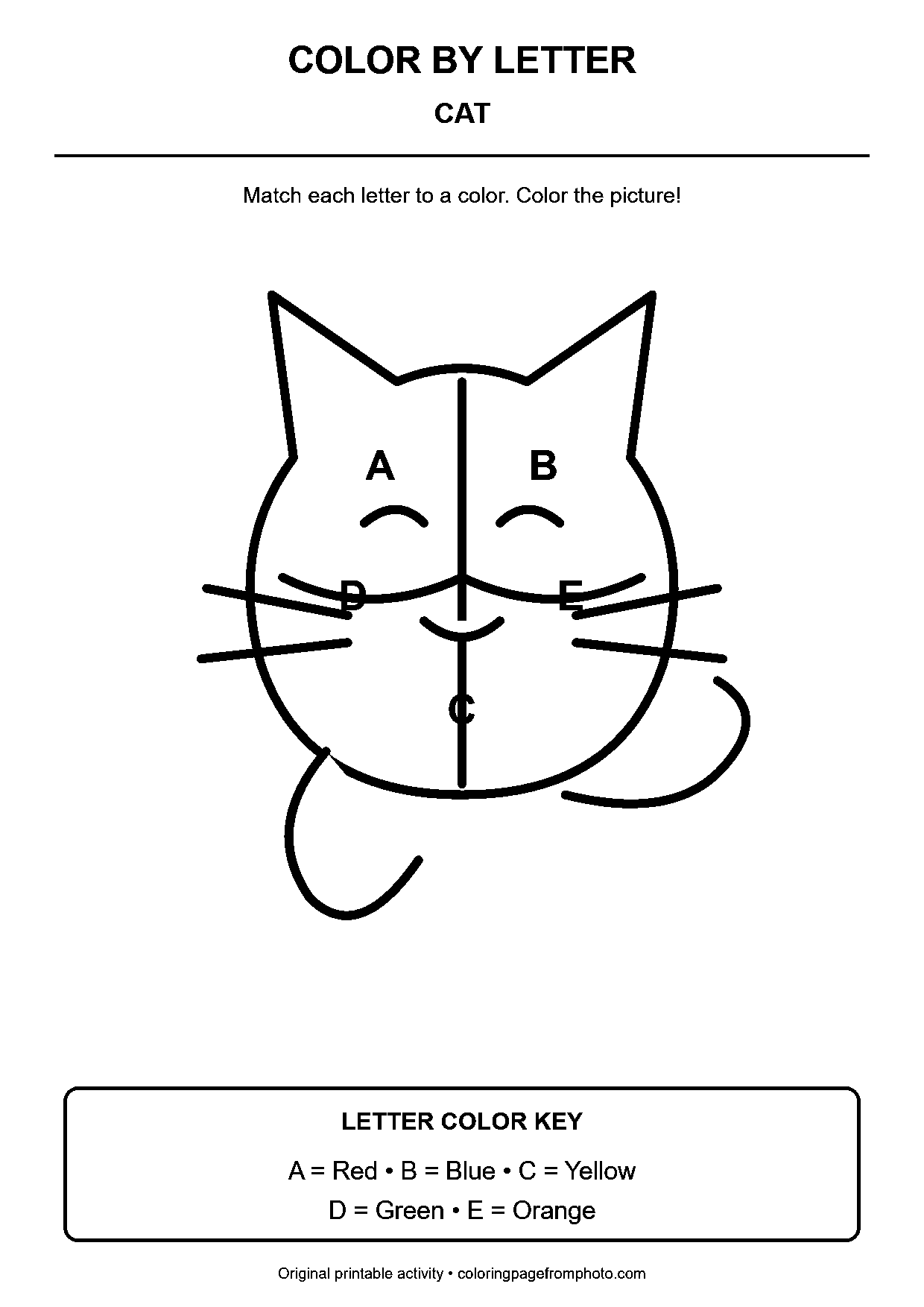 Cat color-by-letter worksheet with 5 letter-coded coloring areas