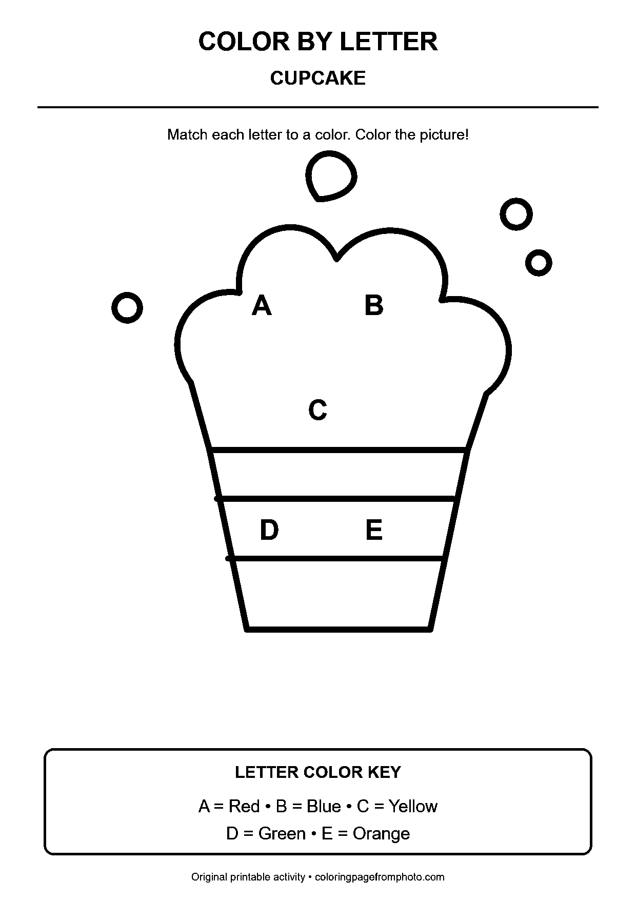 Cupcake color-by-letter worksheet with 5 letter-coded coloring areas