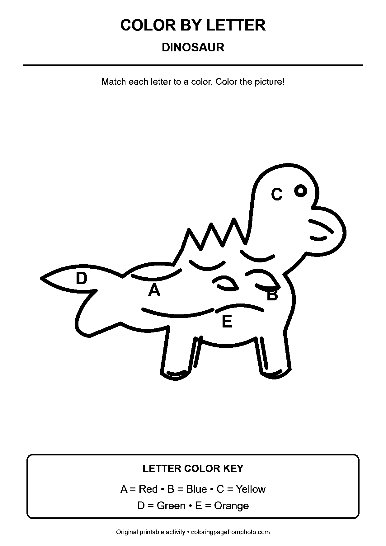 Dinosaur color-by-letter worksheet with 5 letter-coded coloring areas