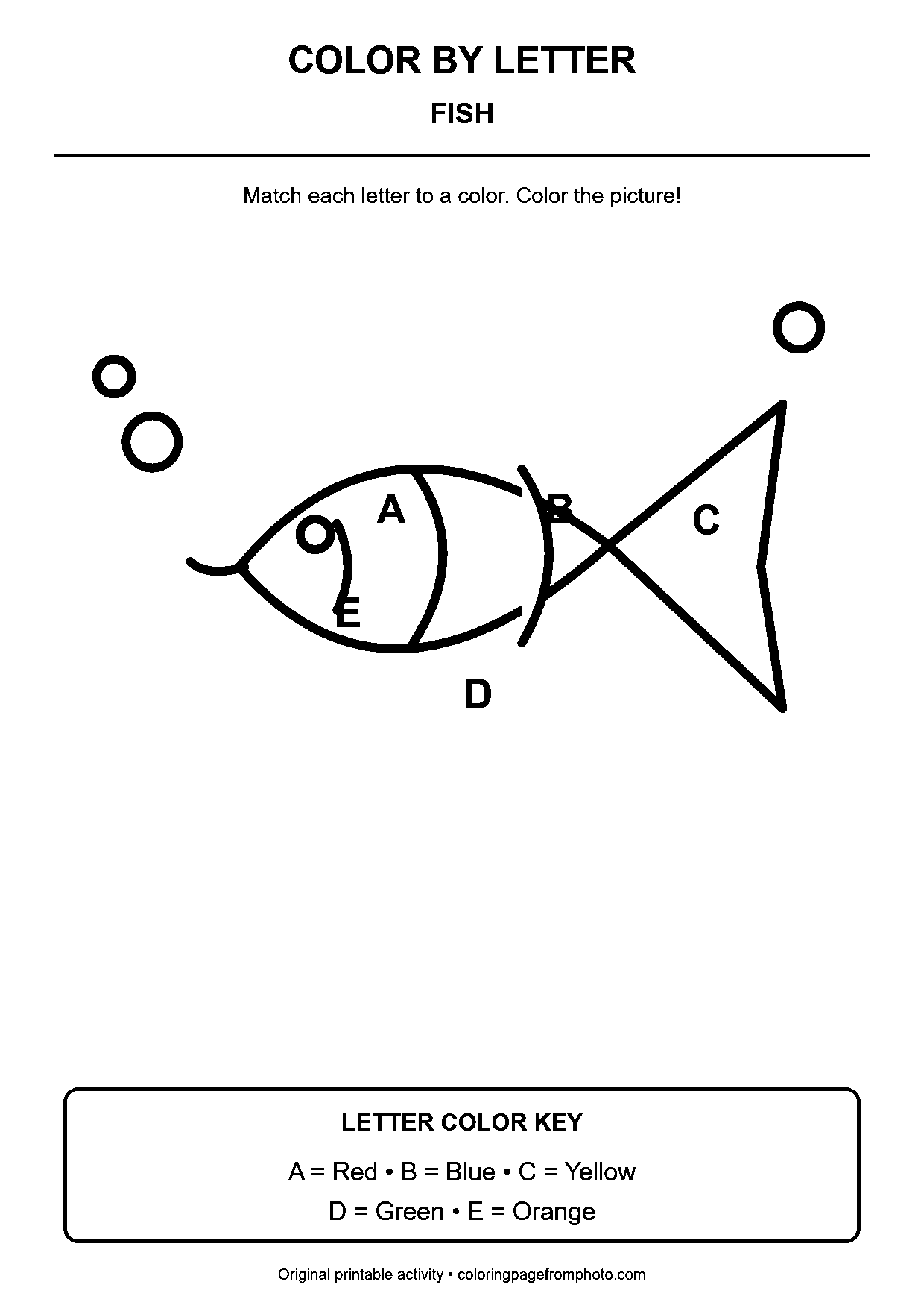 Fish color-by-letter worksheet with 5 letter-coded coloring areas