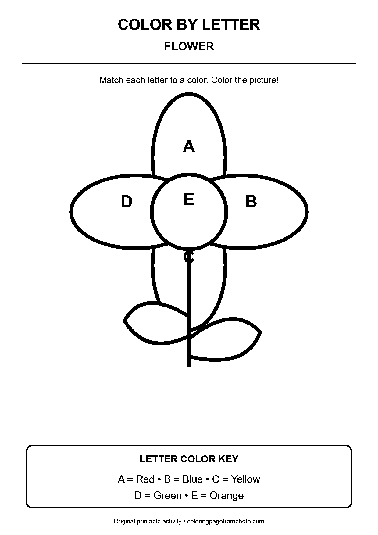 Flower color-by-letter worksheet with 5 letter-coded coloring areas