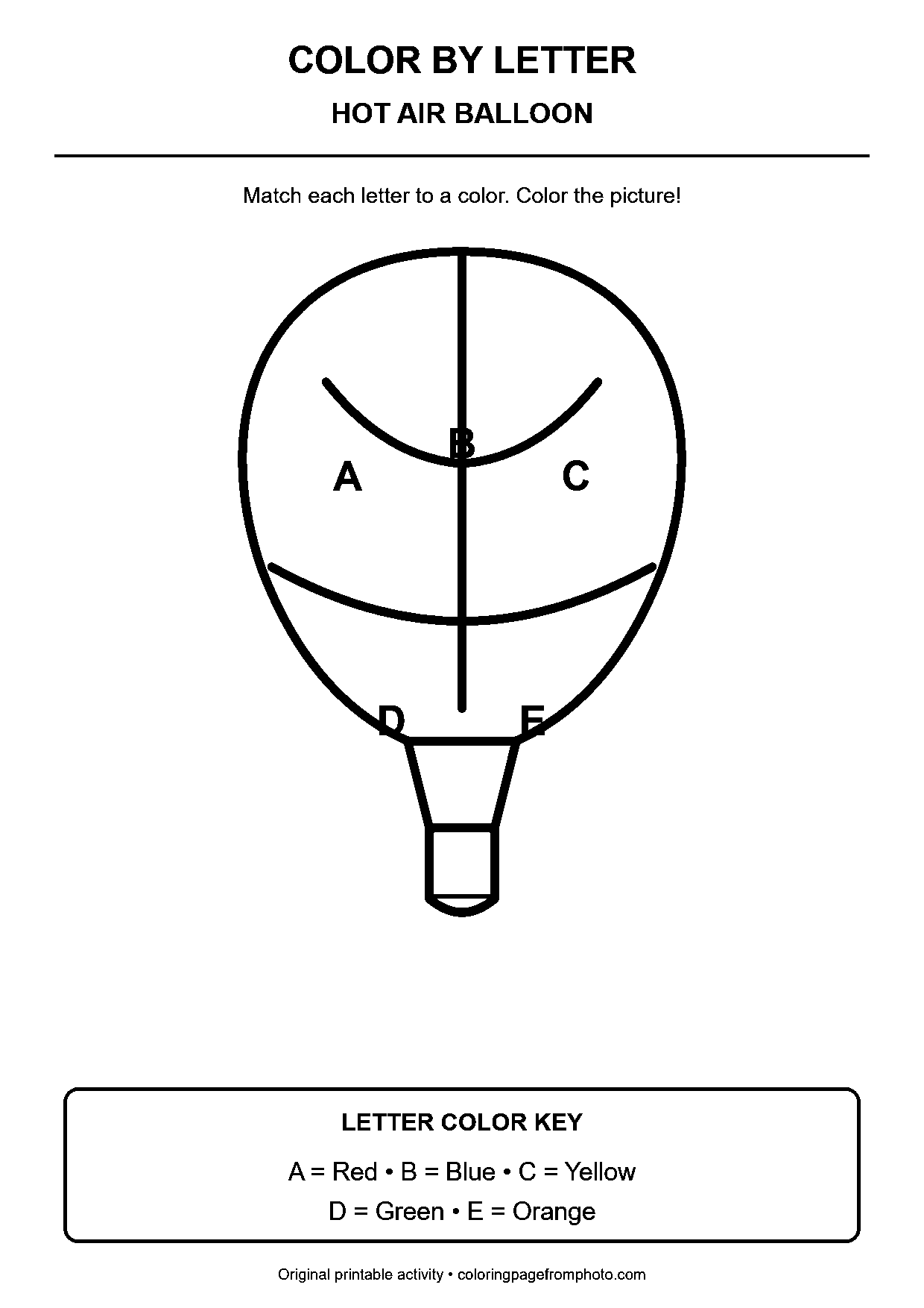 Hot Air Balloon color-by-letter worksheet with 5 letter-coded coloring areas