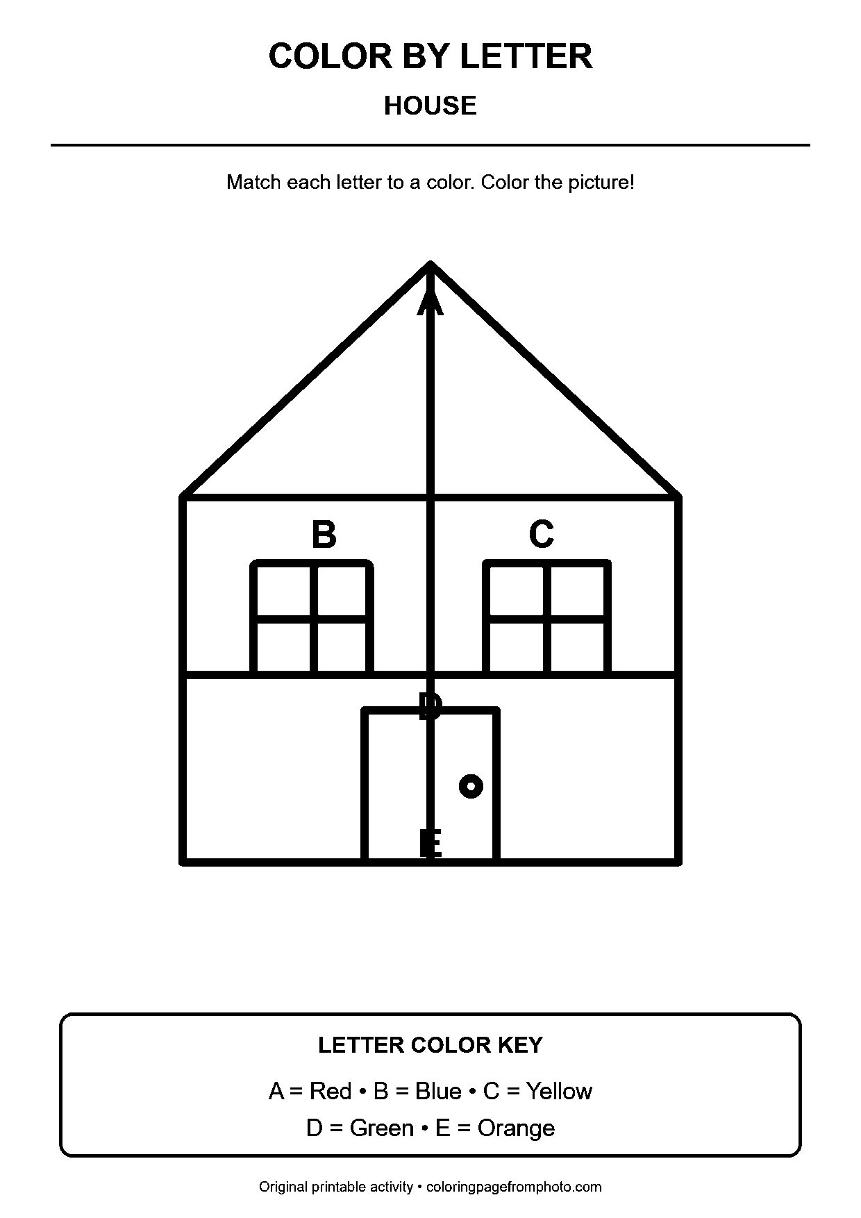 House color-by-letter worksheet with 5 letter-coded coloring areas