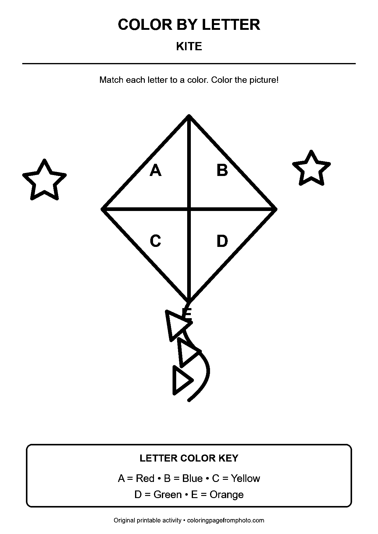 Kite color-by-letter worksheet with 5 letter-coded coloring areas