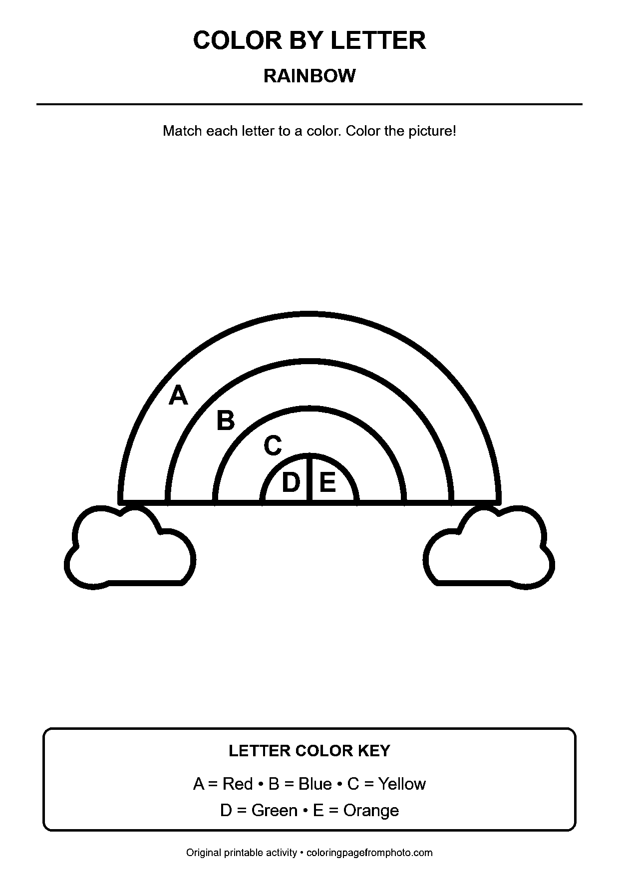 Rainbow color-by-letter worksheet with 5 letter-coded coloring areas