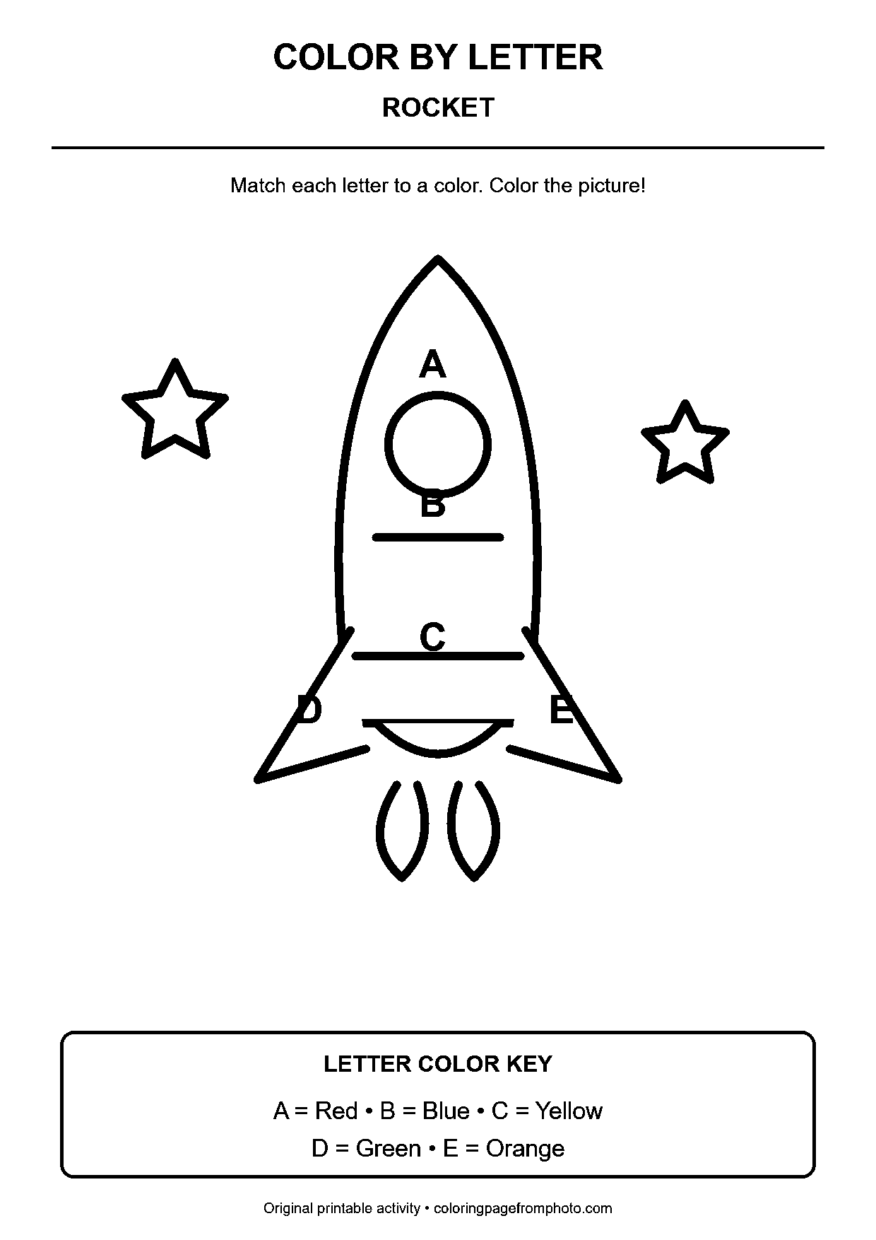 Rocket color-by-letter worksheet with 5 letter-coded coloring areas