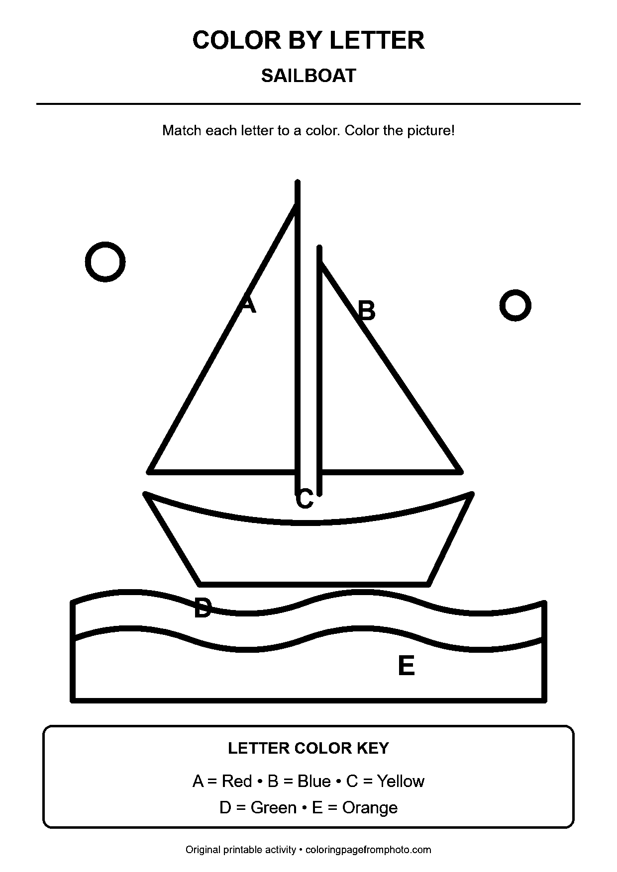 Sailboat color-by-letter worksheet with 5 letter-coded coloring areas