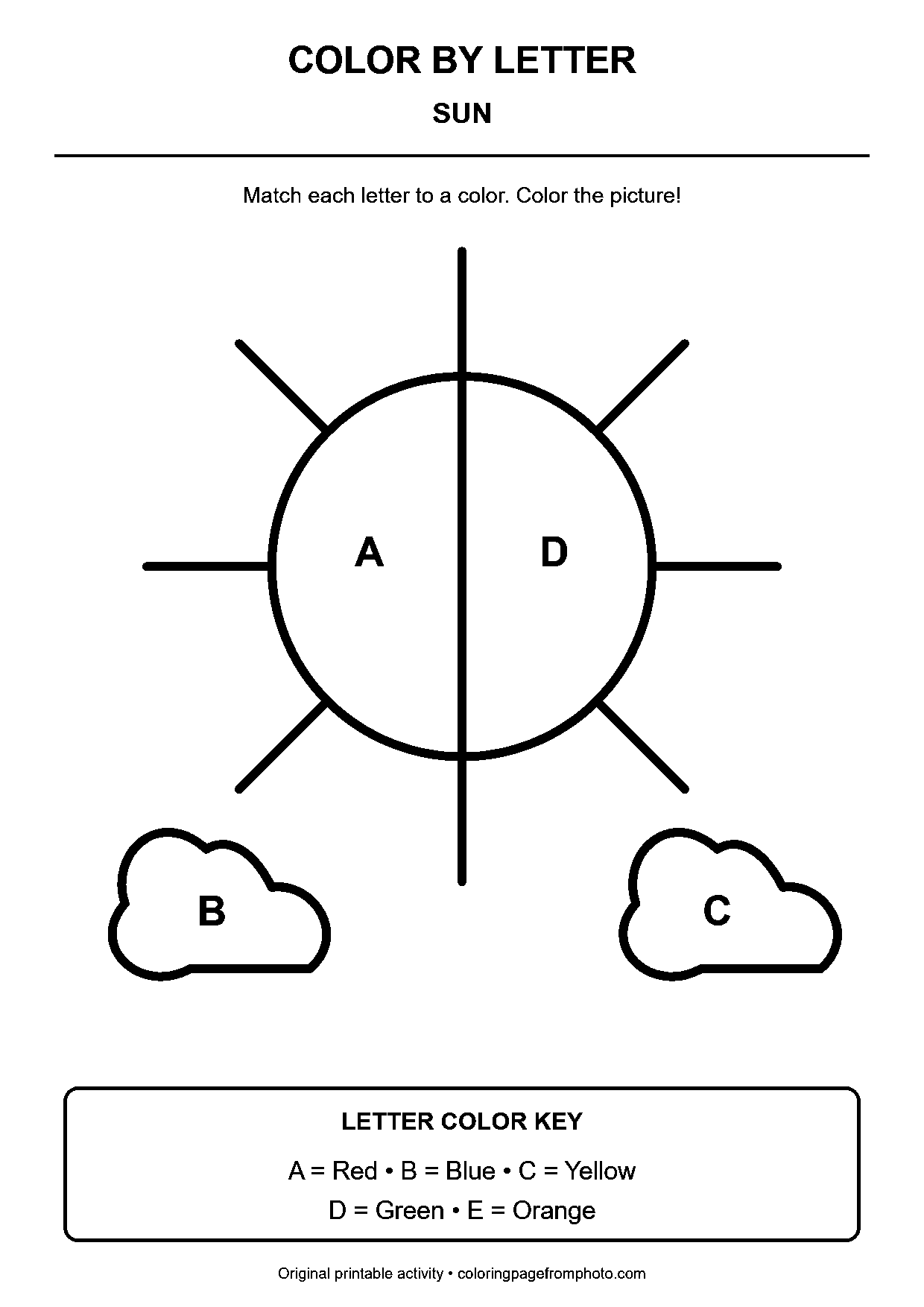 Sun color-by-letter worksheet with 4 letter-coded coloring areas