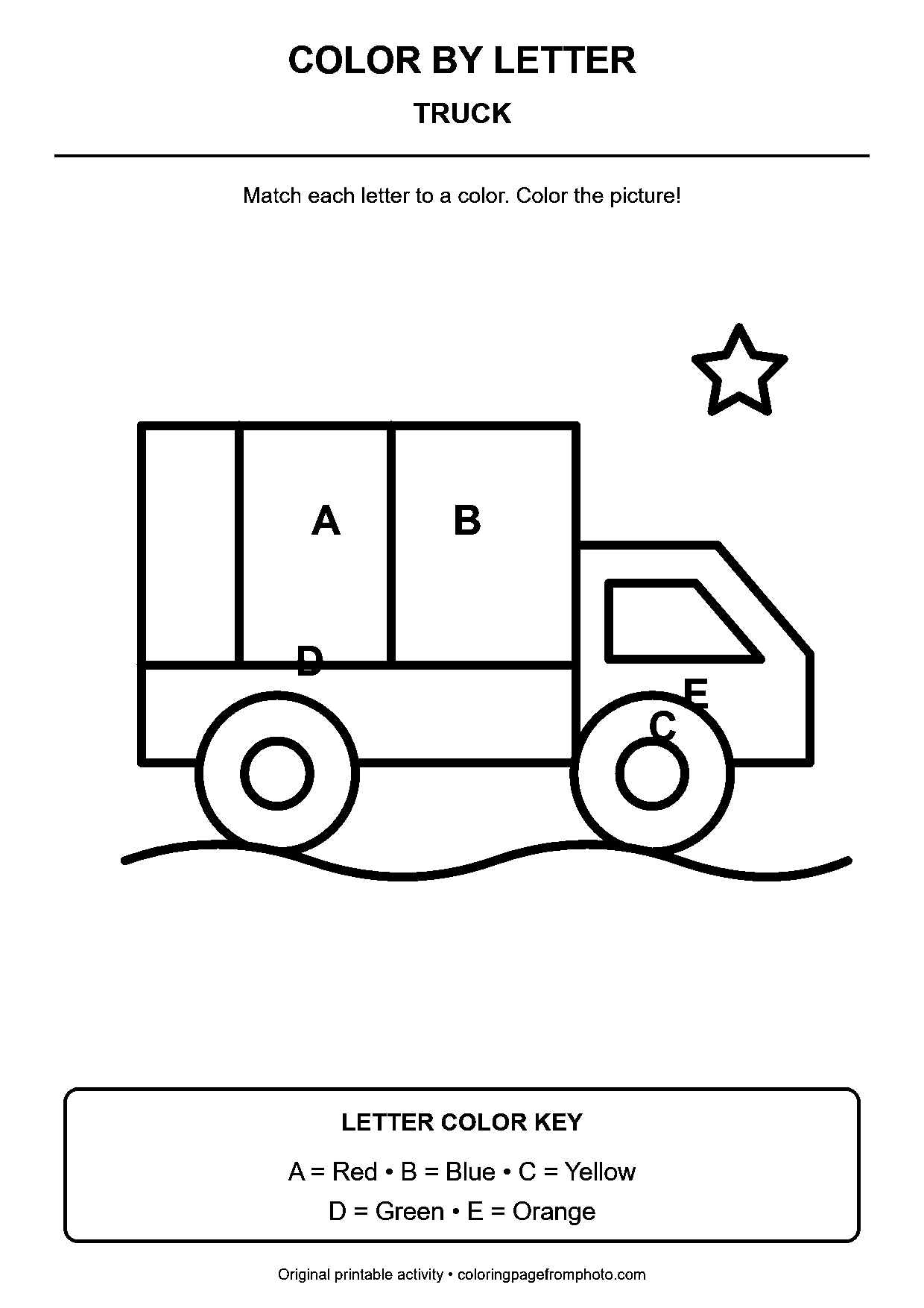 Truck color-by-letter worksheet with 5 letter-coded coloring areas