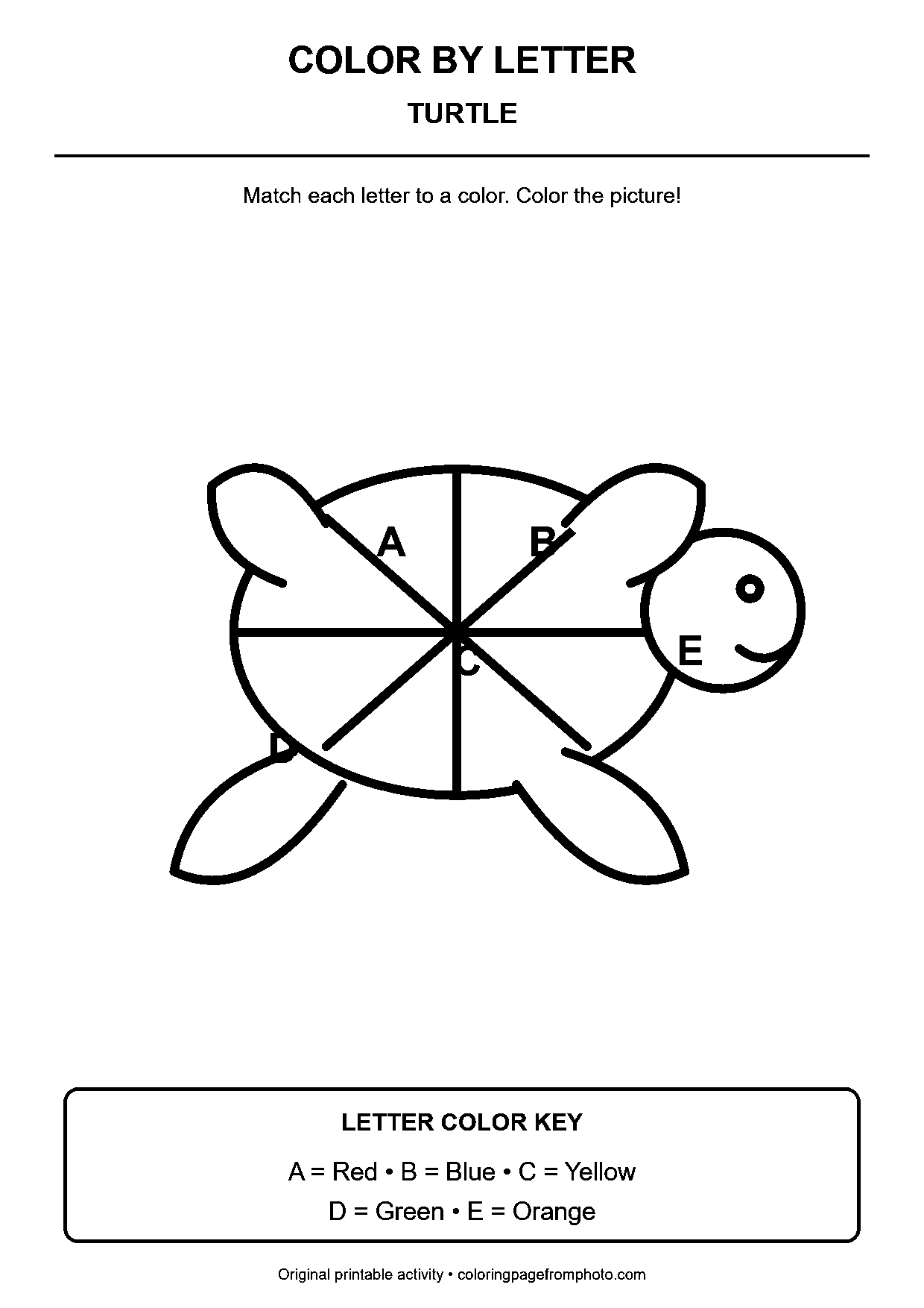 Turtle color-by-letter worksheet with 5 letter-coded coloring areas