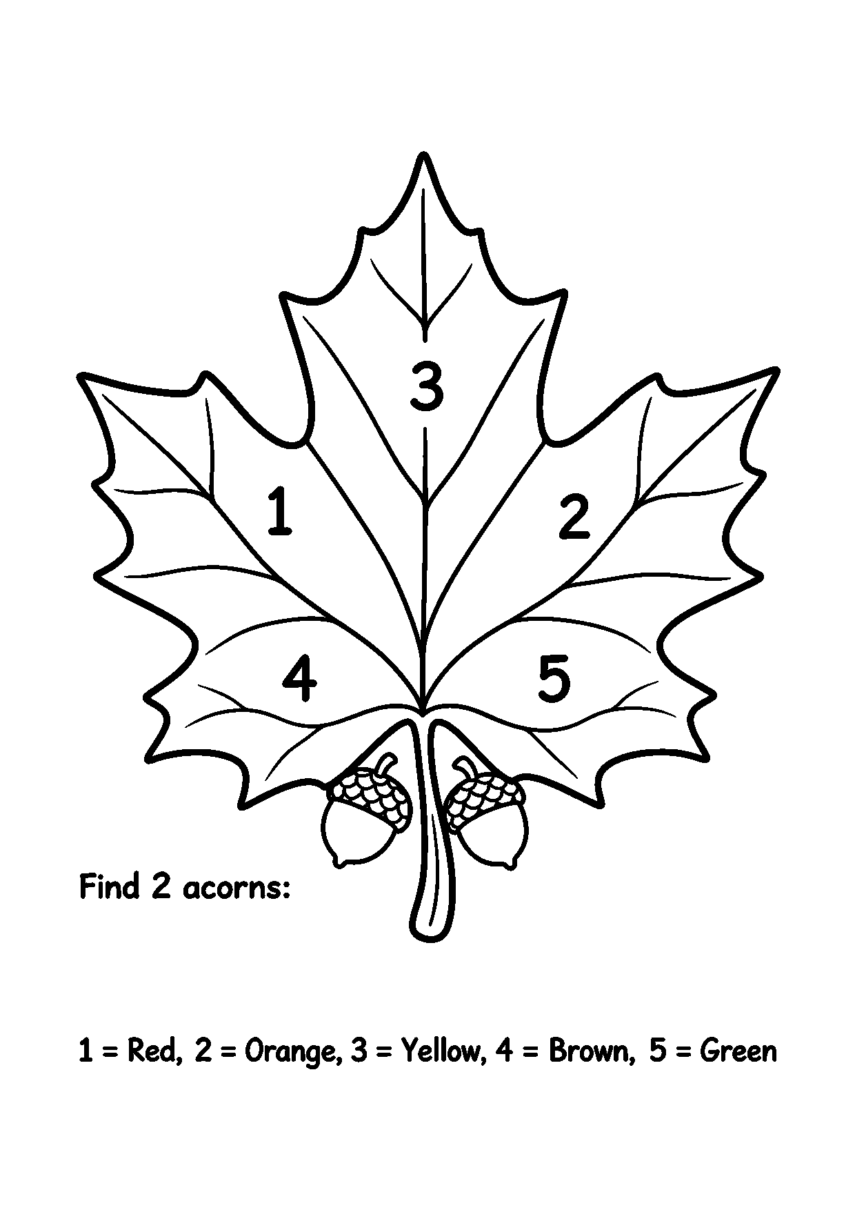 Autumn leaf color-by-number worksheet with two acorns beneath the leaf